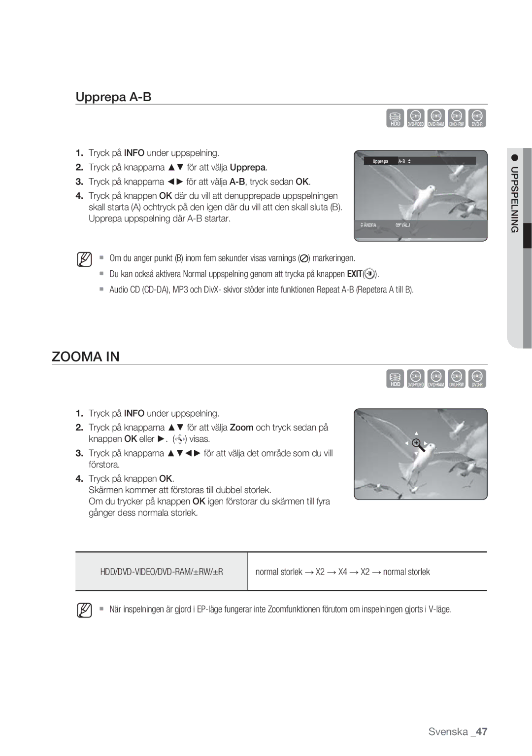 Samsung DVD-HR770/XEE manual Zooma, Upprepa A-B 