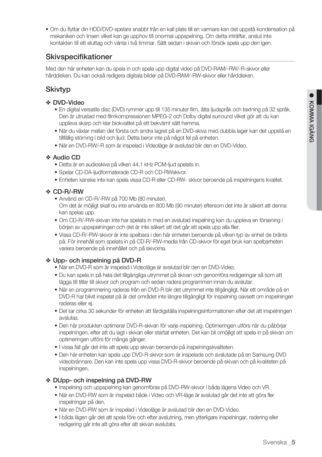 Samsung DVD-HR770/XEE manual Skivspeciﬁkationer, Skivtyp 