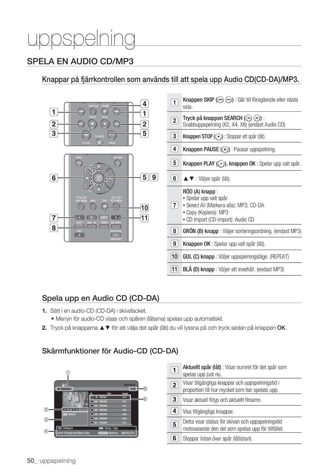 Samsung DVD-HR770/XEE manual Spela EN Audio CD/MP3, Spela upp en Audio CD CD-DA, Skärmfunktioner för Audio-CD CD-DA 