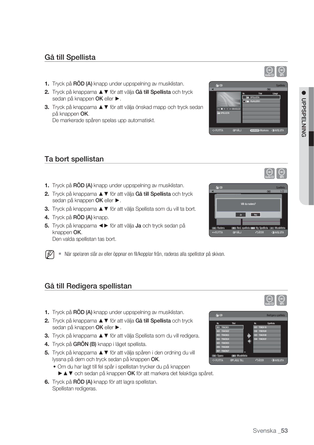 Samsung DVD-HR770/XEE manual Gå till Spellista, Ta bort spellistan, Gå till Redigera spellistan 