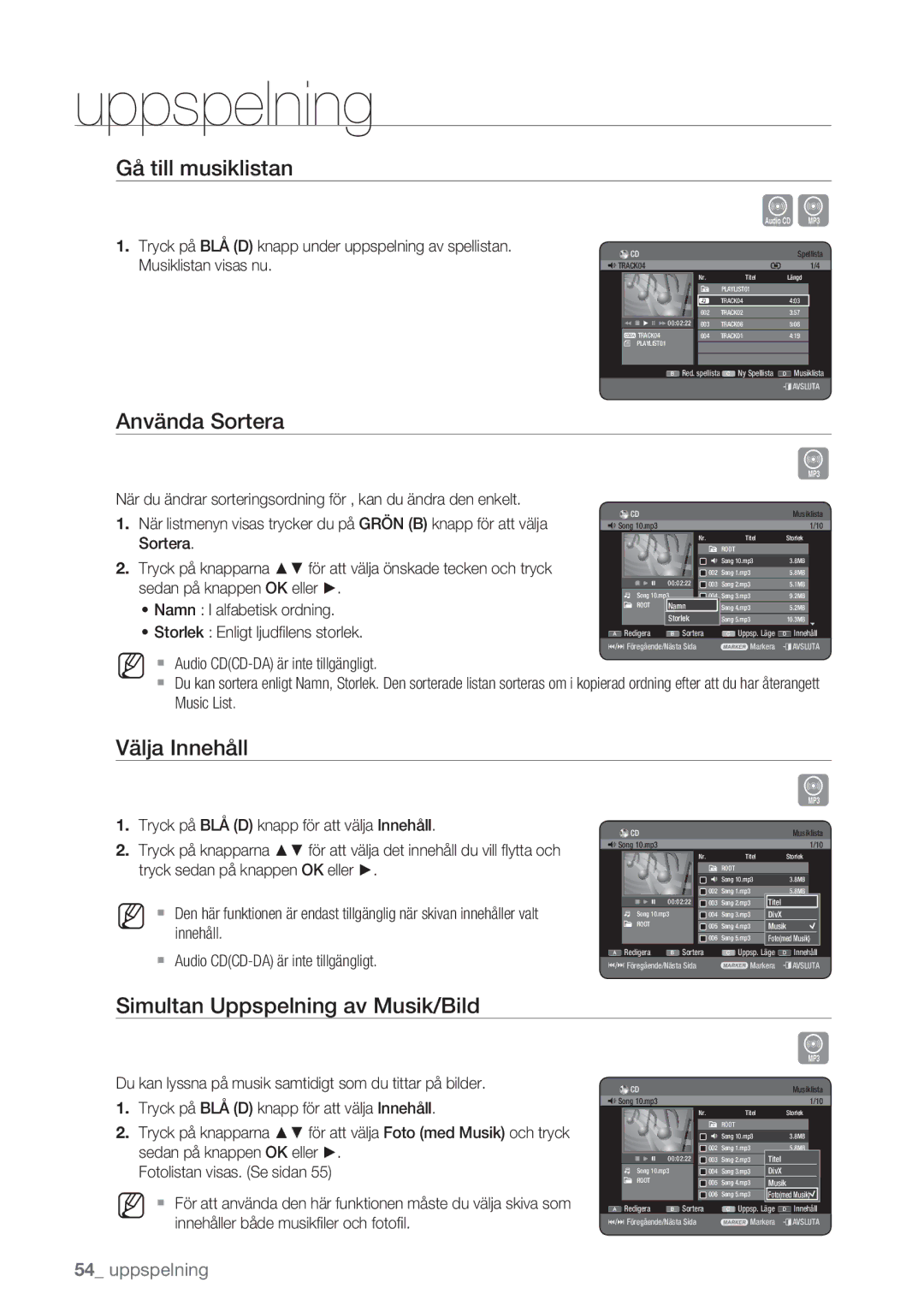 Samsung DVD-HR770/XEE manual Gå till musiklistan, Använda Sortera, Välja Innehåll, Simultan Uppspelning av Musik/Bild 