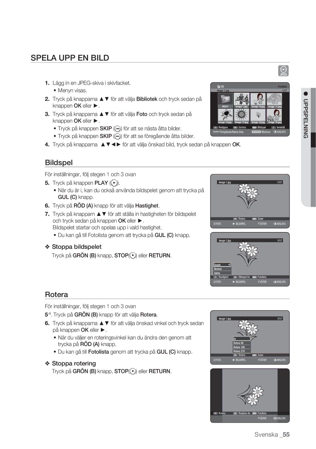 Samsung DVD-HR770/XEE manual Spela UPP EN Bild, Bildspel, Rotera 