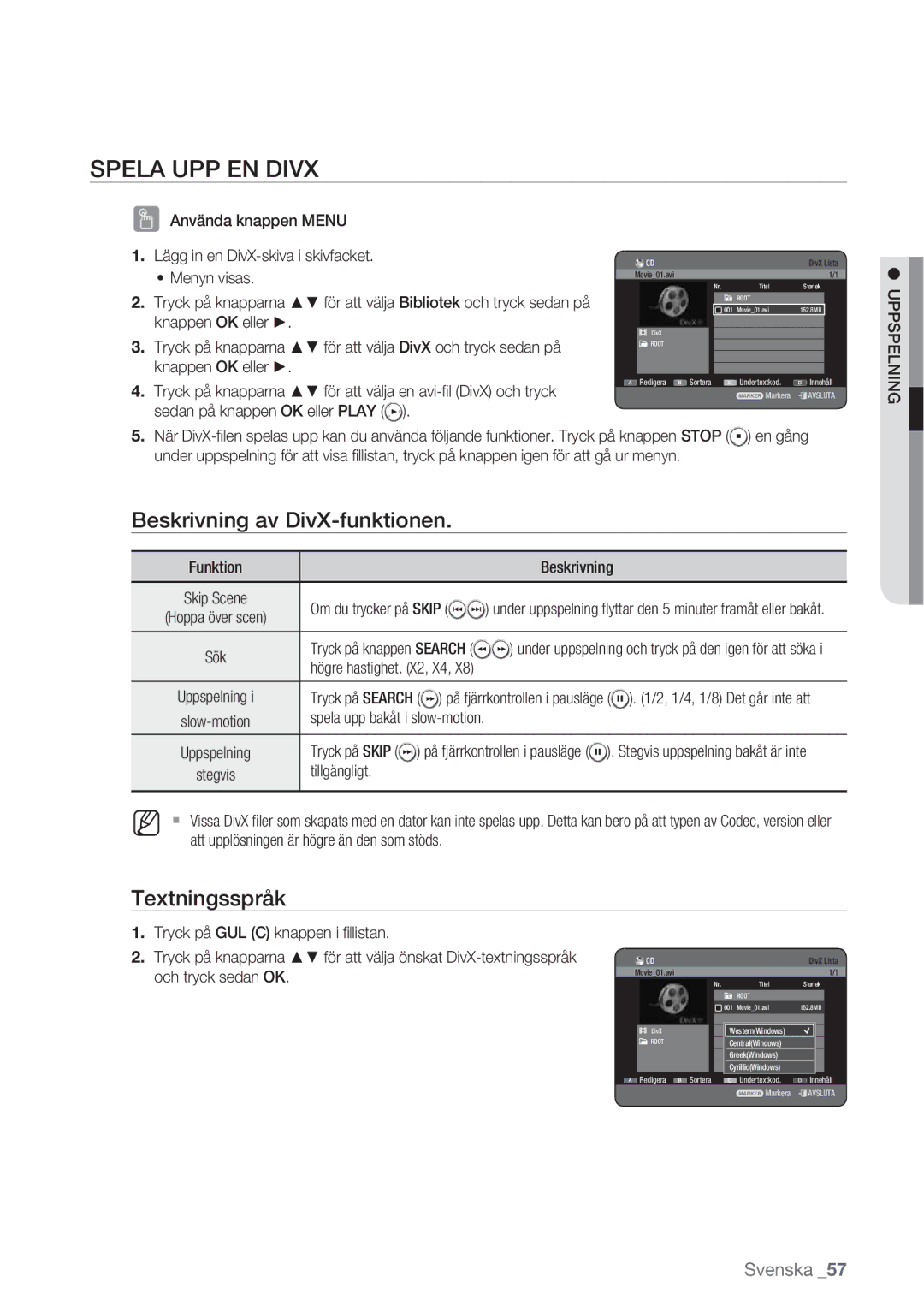 Samsung DVD-HR770/XEE Spela UPP EN Divx, Beskrivning av DivX-funktionen, Textningsspråk, Sedan på knappen OK eller Play 