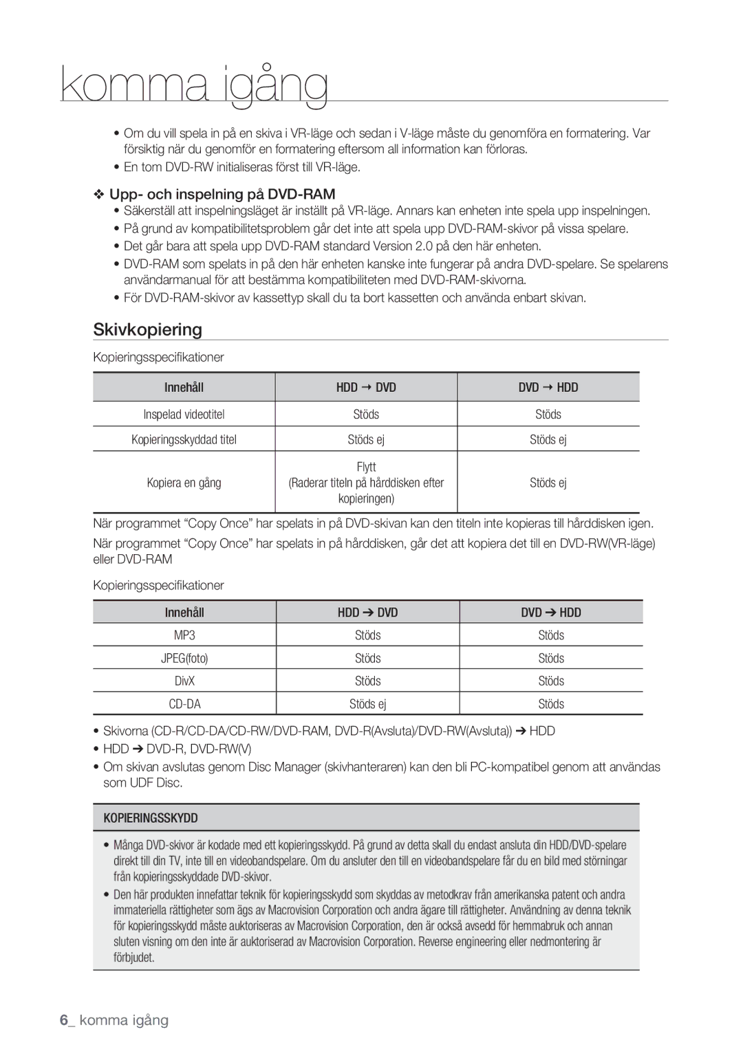 Samsung DVD-HR770/XEE manual Skivkopiering, Hdd € Dvd Dvd € Hdd, Hdd Dvd Dvd Hdd, Hdd Dvd-R, Dvd-Rwv, Kopieringsskydd 