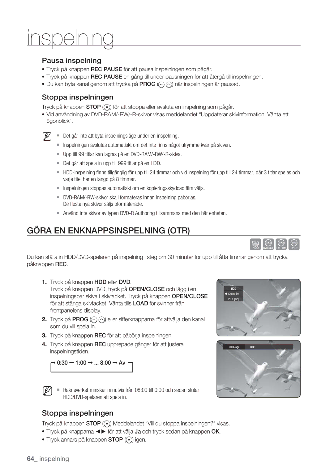 Samsung DVD-HR770/XEE manual Göra EN Enknappsinspelning OTR, Stoppa inspelningen 