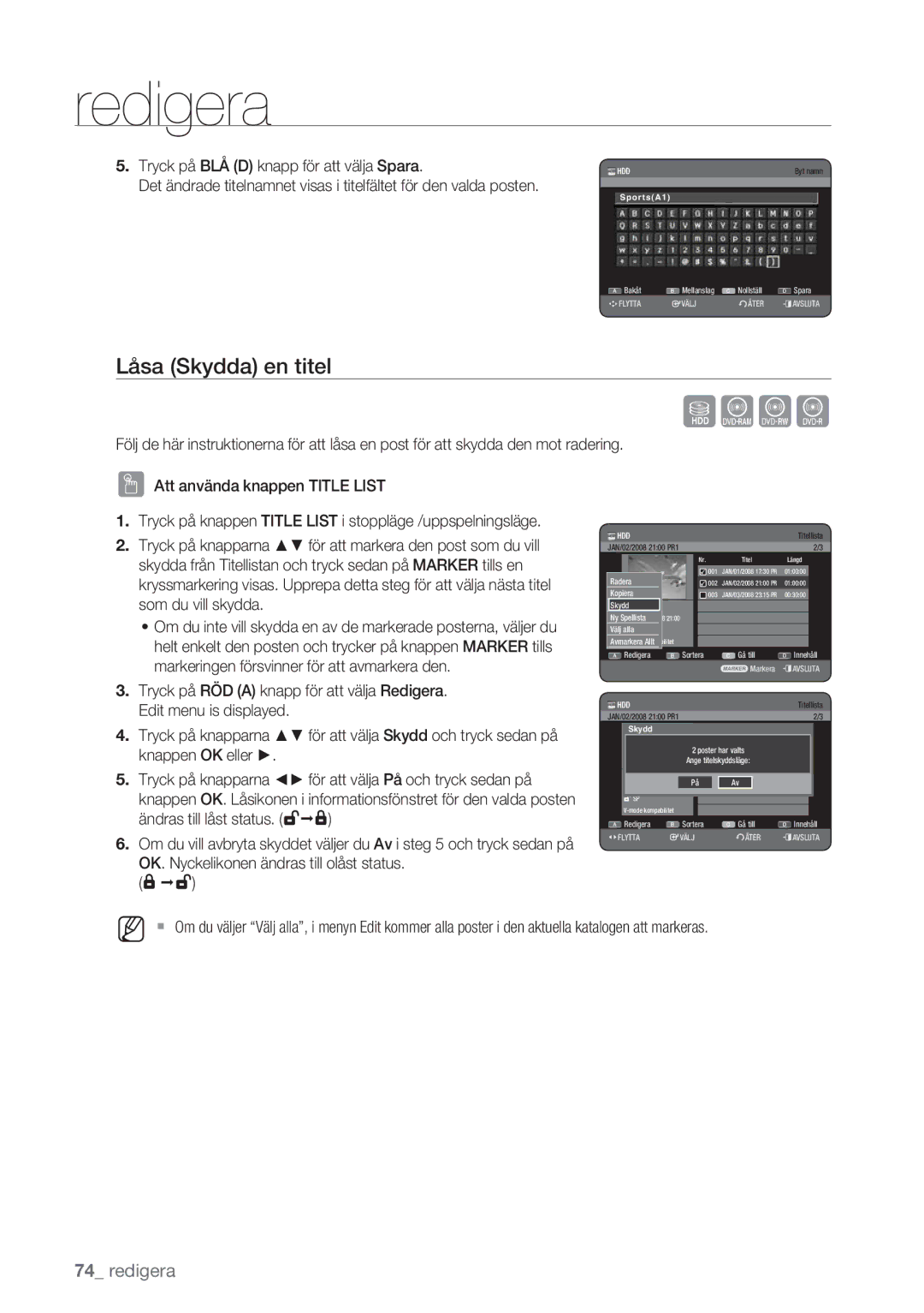 Samsung DVD-HR770/XEE manual Låsa Skydda en titel, Tryck på BLÅ D knapp för att välja Spara 