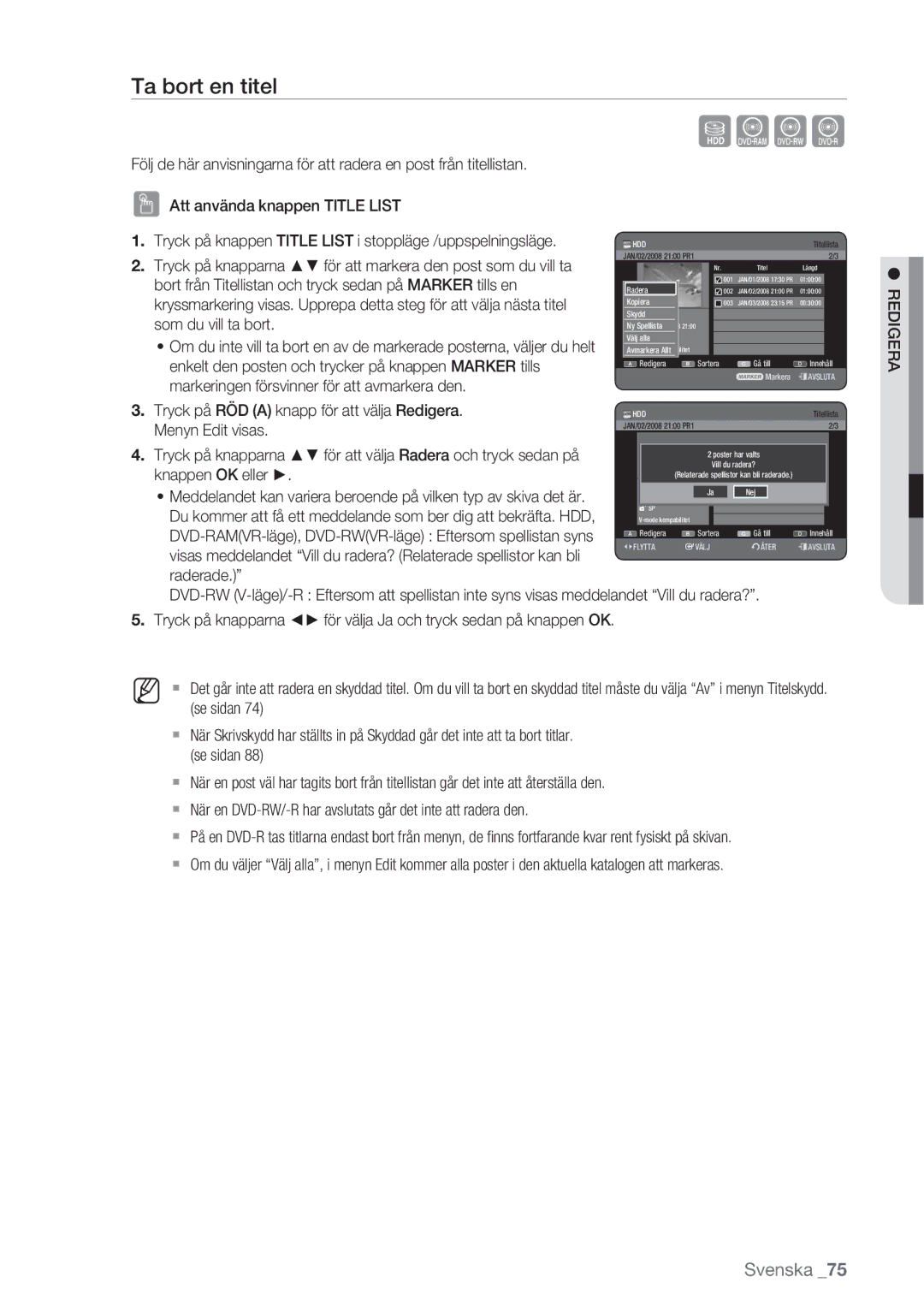 Samsung DVD-HR770/XEE manual Ta bort en titel 