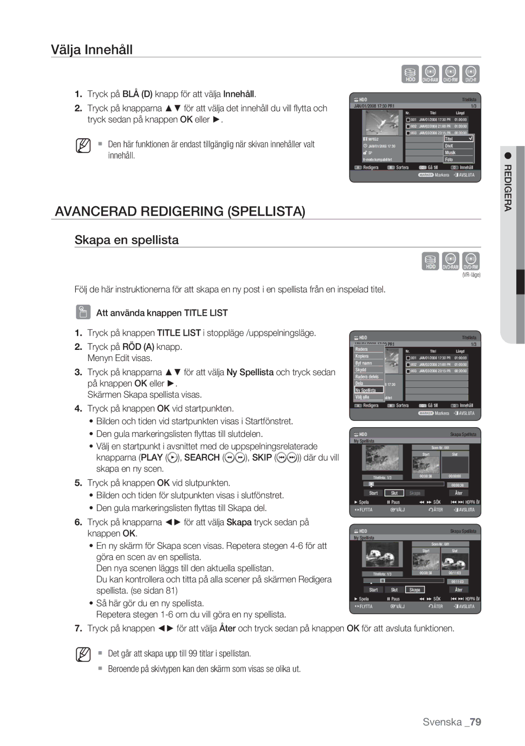 Samsung DVD-HR770/XEE manual Avancerad Redigering Spellista, Skapa en spellista, Så här gör du en ny spellista 