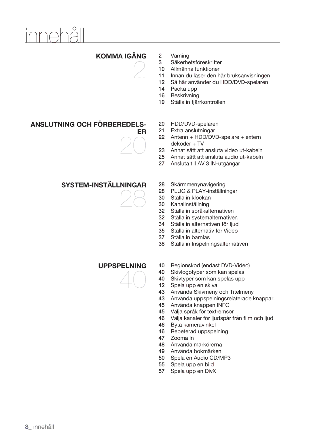 Samsung DVD-HR770/XEE manual Innehåll 