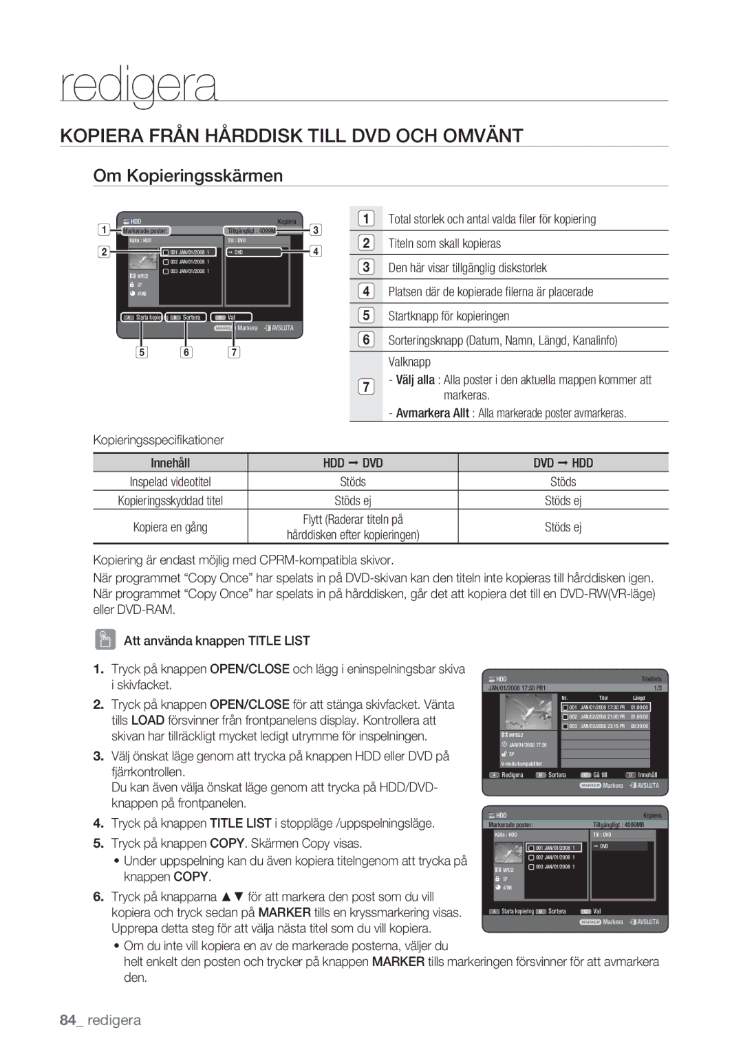 Samsung DVD-HR770/XEE manual Kopiera Från Hårddisk Till DVD OCH Omvänt, Om Kopieringsskärmen, Markeras 