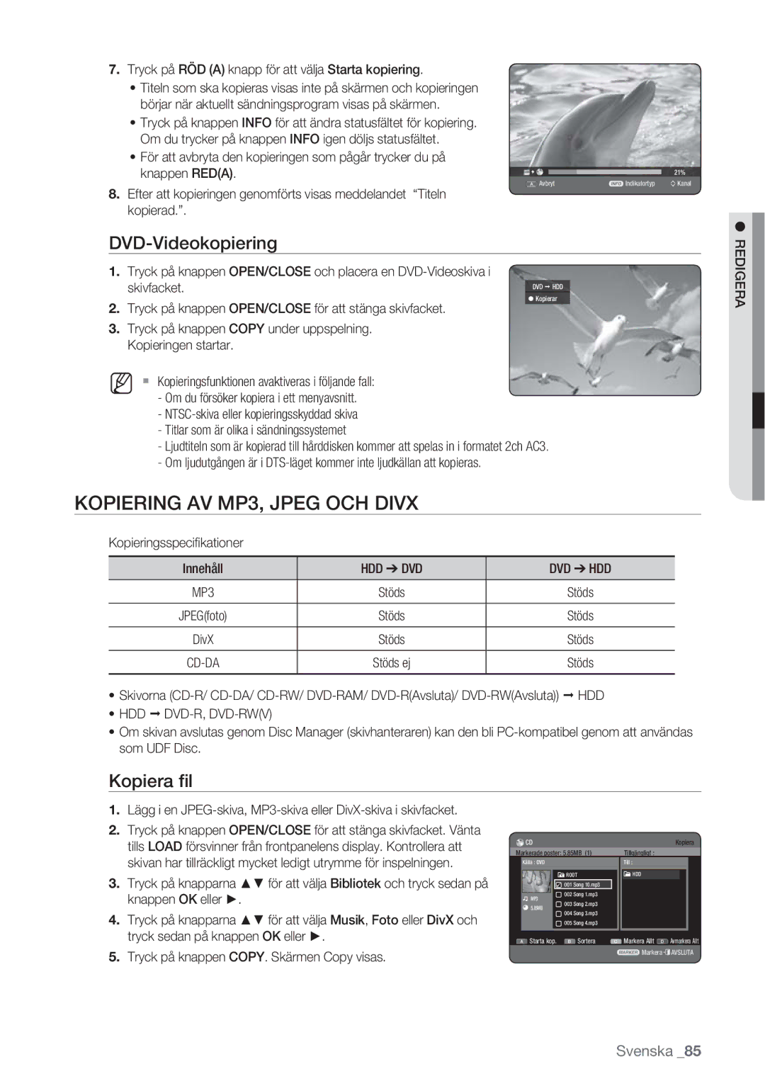 Samsung DVD-HR770/XEE manual Kopiering AV MP3, Jpeg OCH Divx, DVD-Videokopiering, Kopiera ﬁl 