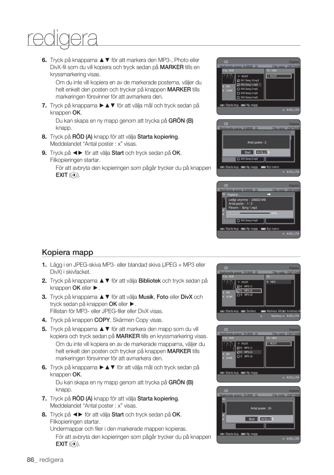 Samsung DVD-HR770/XEE manual Kopiera mapp, Markerade poster 9.68MB 