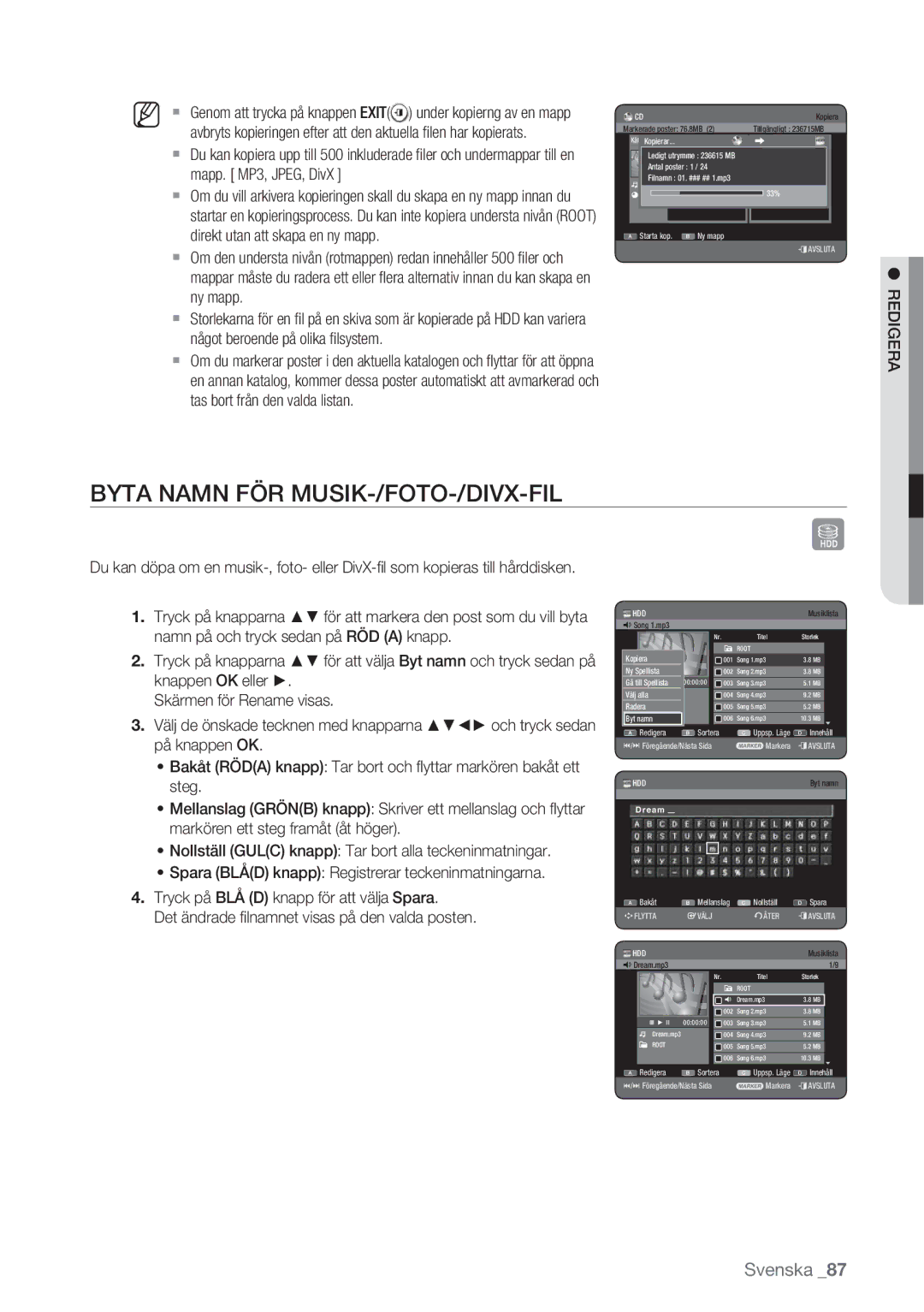 Samsung DVD-HR770/XEE manual Byta Namn FÖR MUSIK-/FOTO-/DIVX-FIL, Mapp. MP3, JPEG, DivX 