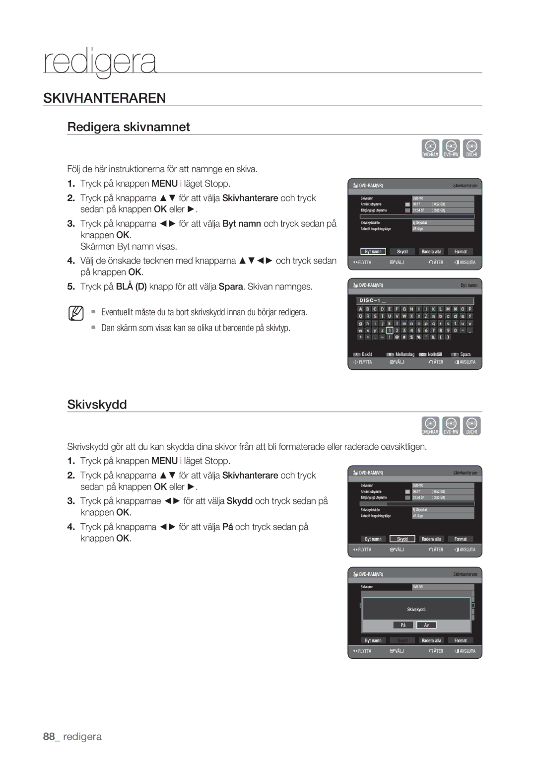 Samsung DVD-HR770/XEE manual Skivhanteraren, Redigera skivnamnet, Skivskydd 