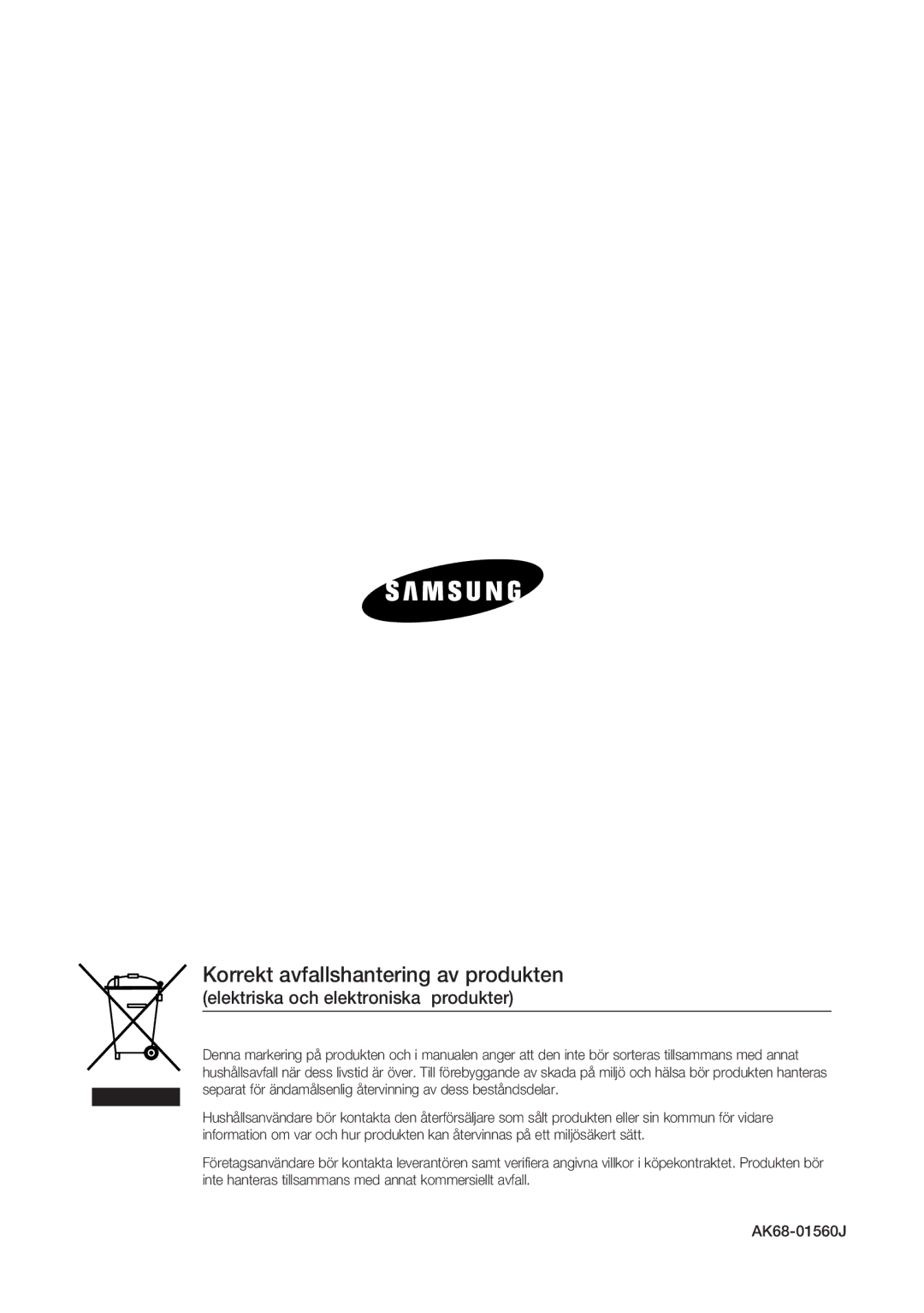 Samsung DVD-HR770/XEE manual Korrekt avfallshantering av produkten, Elektriska och elektroniska produkter 