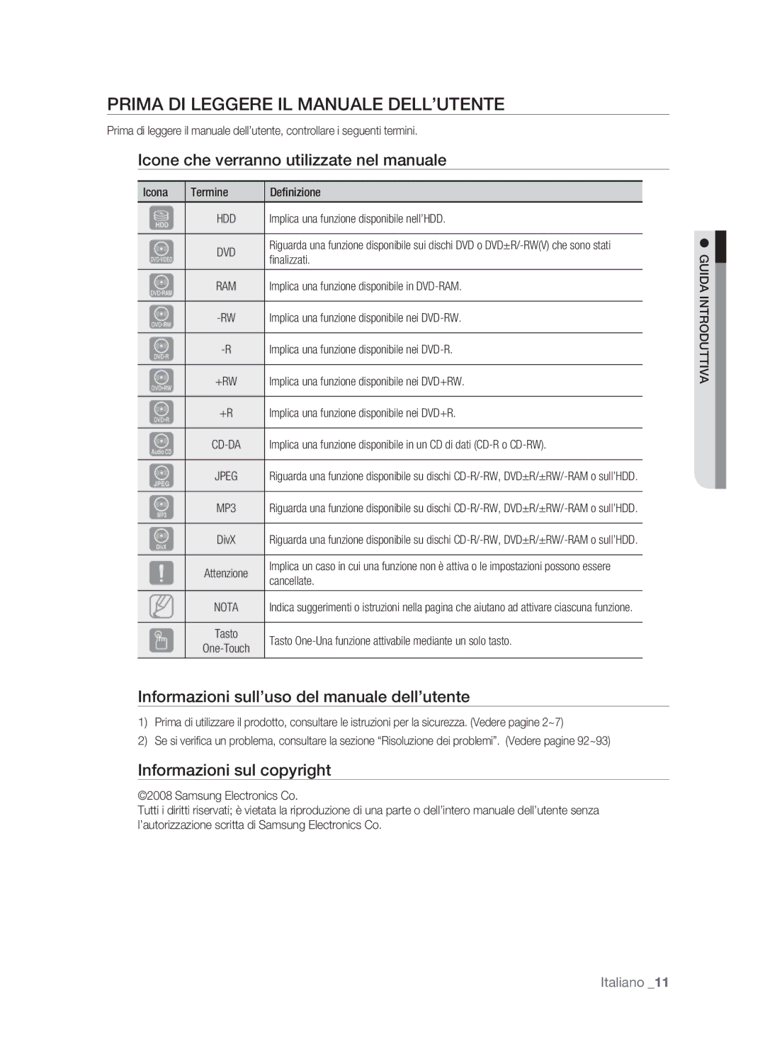 Samsung DVD-HR770/XET Prima DI Leggere IL Manuale DELL’UTENTE, Icone che verranno utilizzate nel manuale 