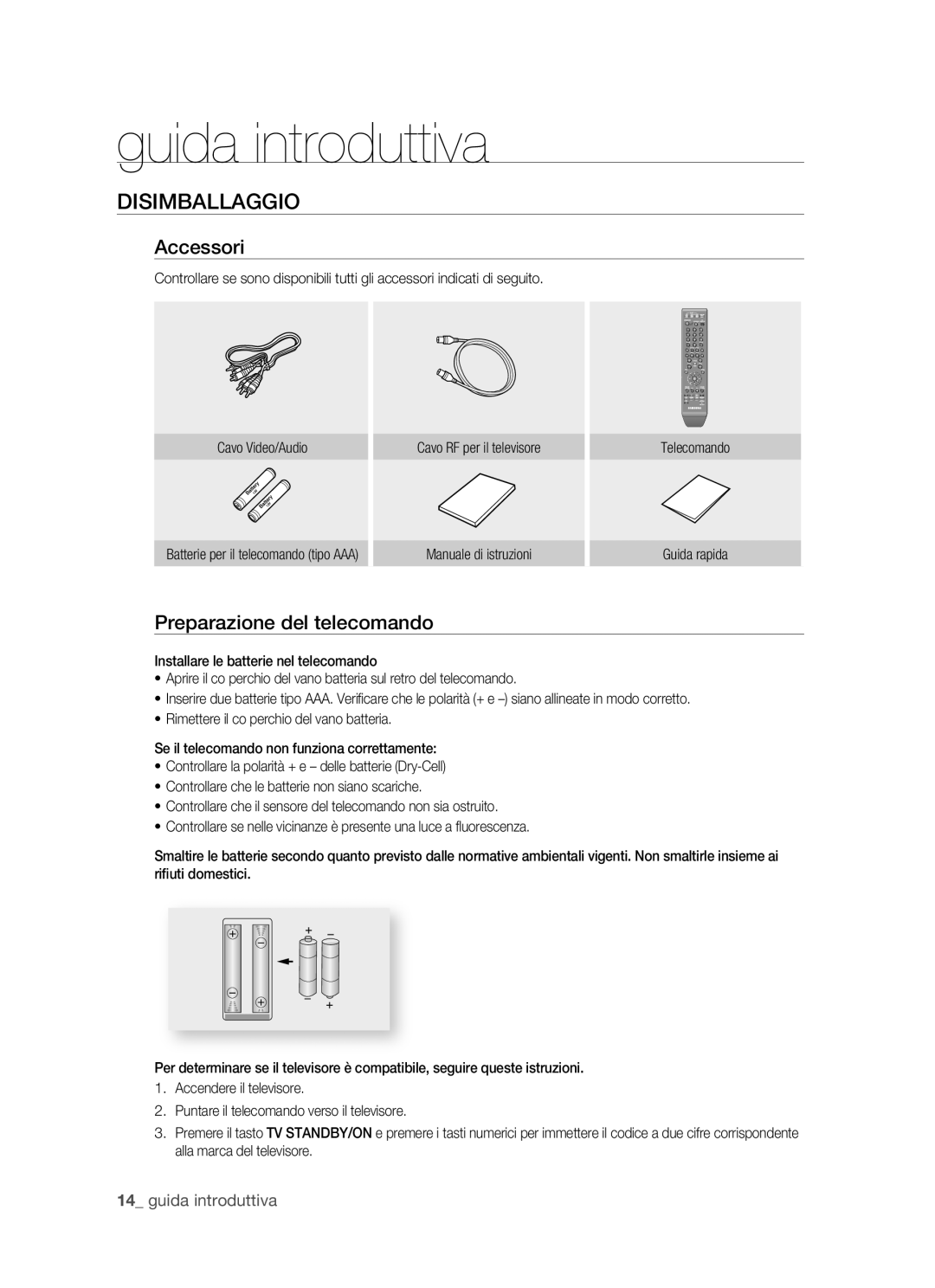 Samsung DVD-HR770/XET manual Disimballaggio, Accessori, Preparazione del telecomando, Manuale di istruzioni Guida rapida 