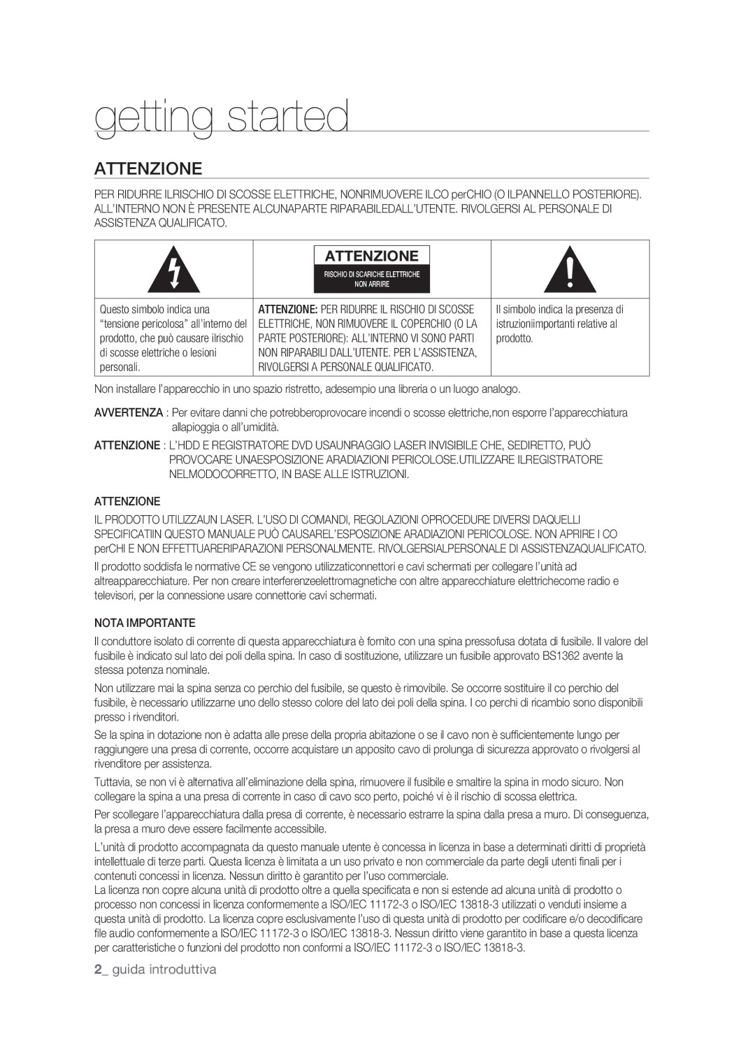 Samsung DVD-HR770/XET manual Getting started, Attenzione, Nota Importante 