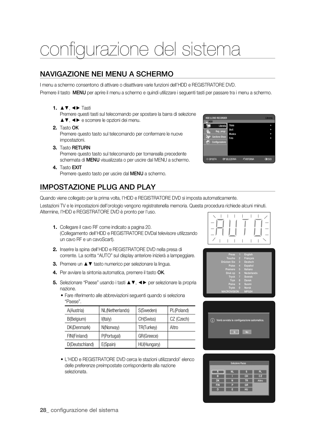 Samsung DVD-HR770/XET manual Conﬁ gurazione del sistema, Navigazione NEI Menu a Schermo, Impostazione Plug and Play 