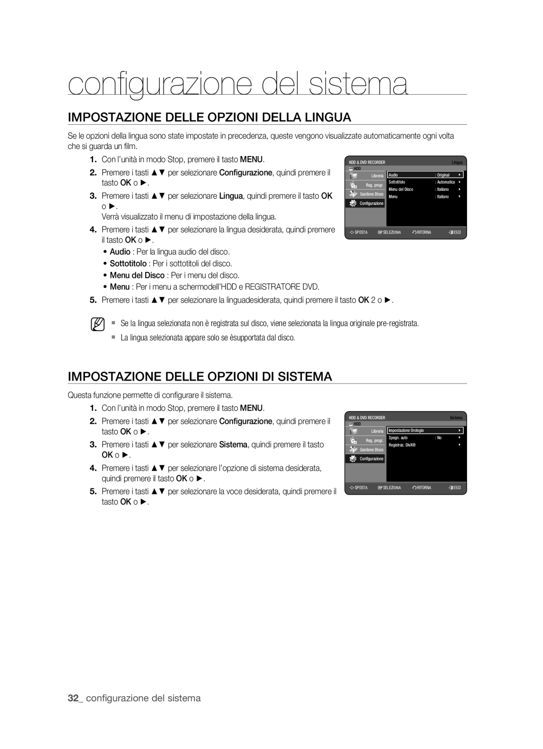 Samsung DVD-HR770/XET manual Impostazione Delle Opzioni Della Lingua, Impostazione Delle Opzioni DI Sistema 