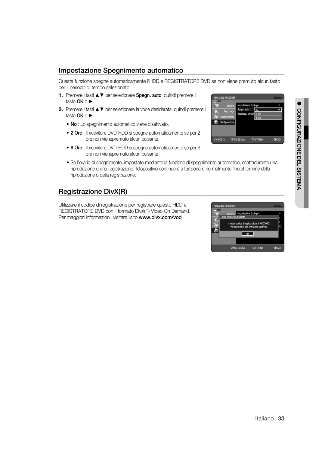 Samsung DVD-HR770/XET manual Impostazione Spegnimento automatico, Registrazione DivXR 