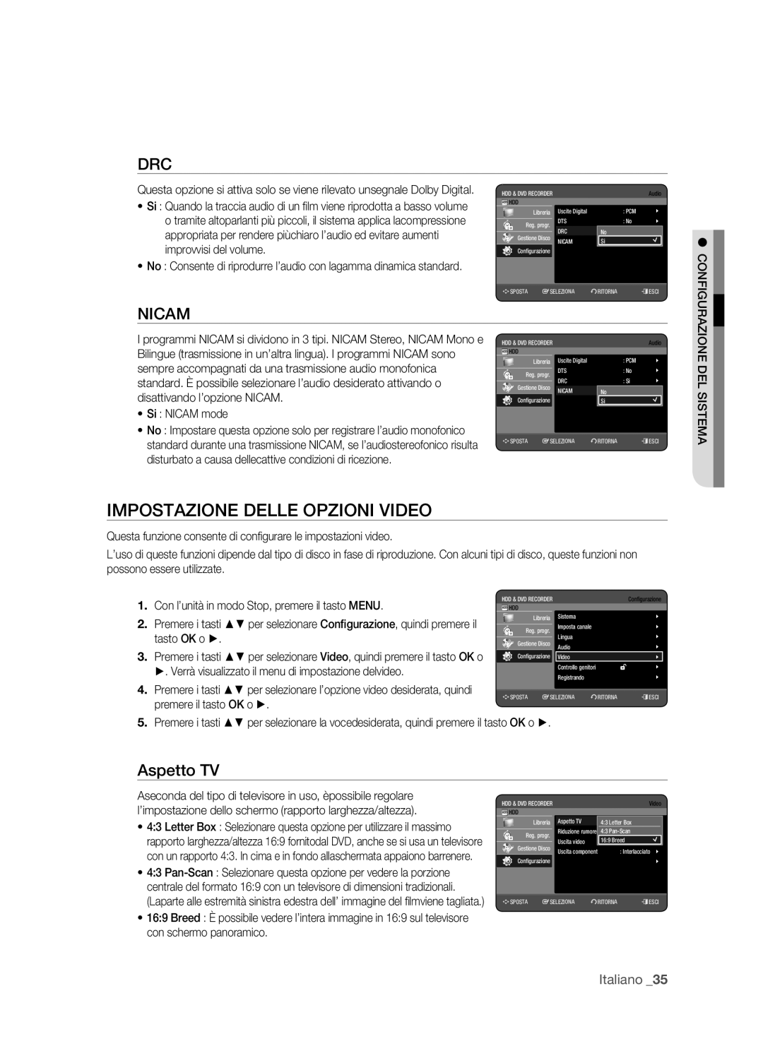 Samsung DVD-HR770/XET manual Impostazione Delle Opzioni Video, Aspetto TV, Si Nicam mode 