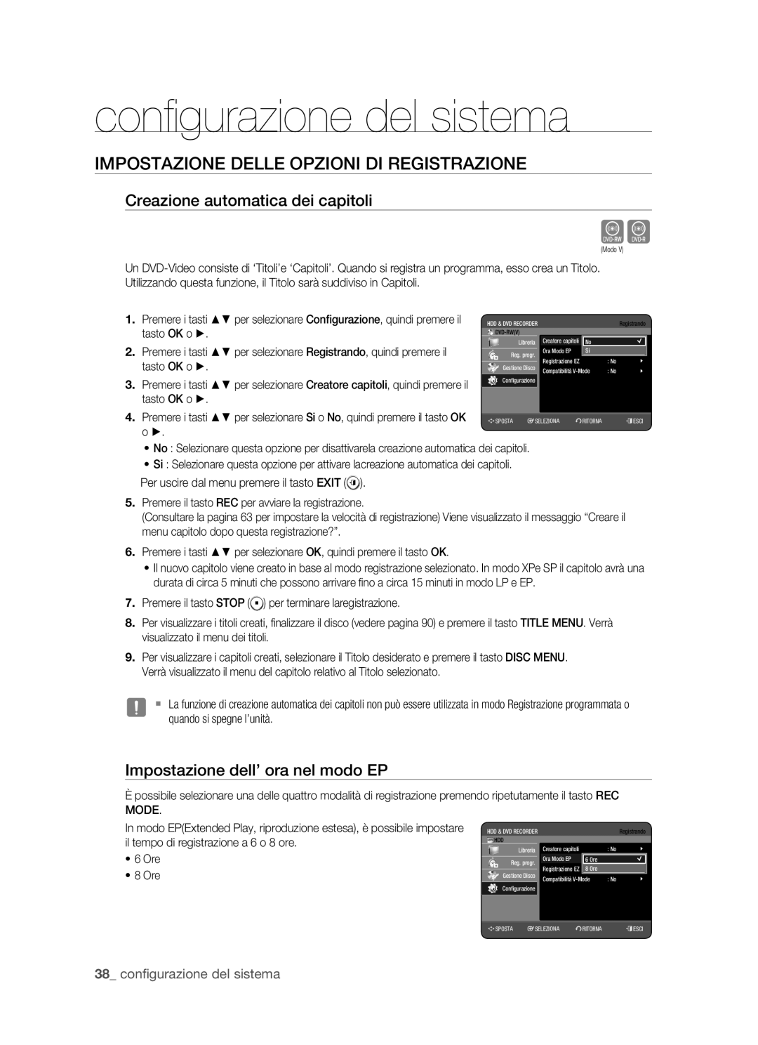 Samsung DVD-HR770/XET manual Impostazione Delle Opzioni DI Registrazione, Creazione automatica dei capitoli 