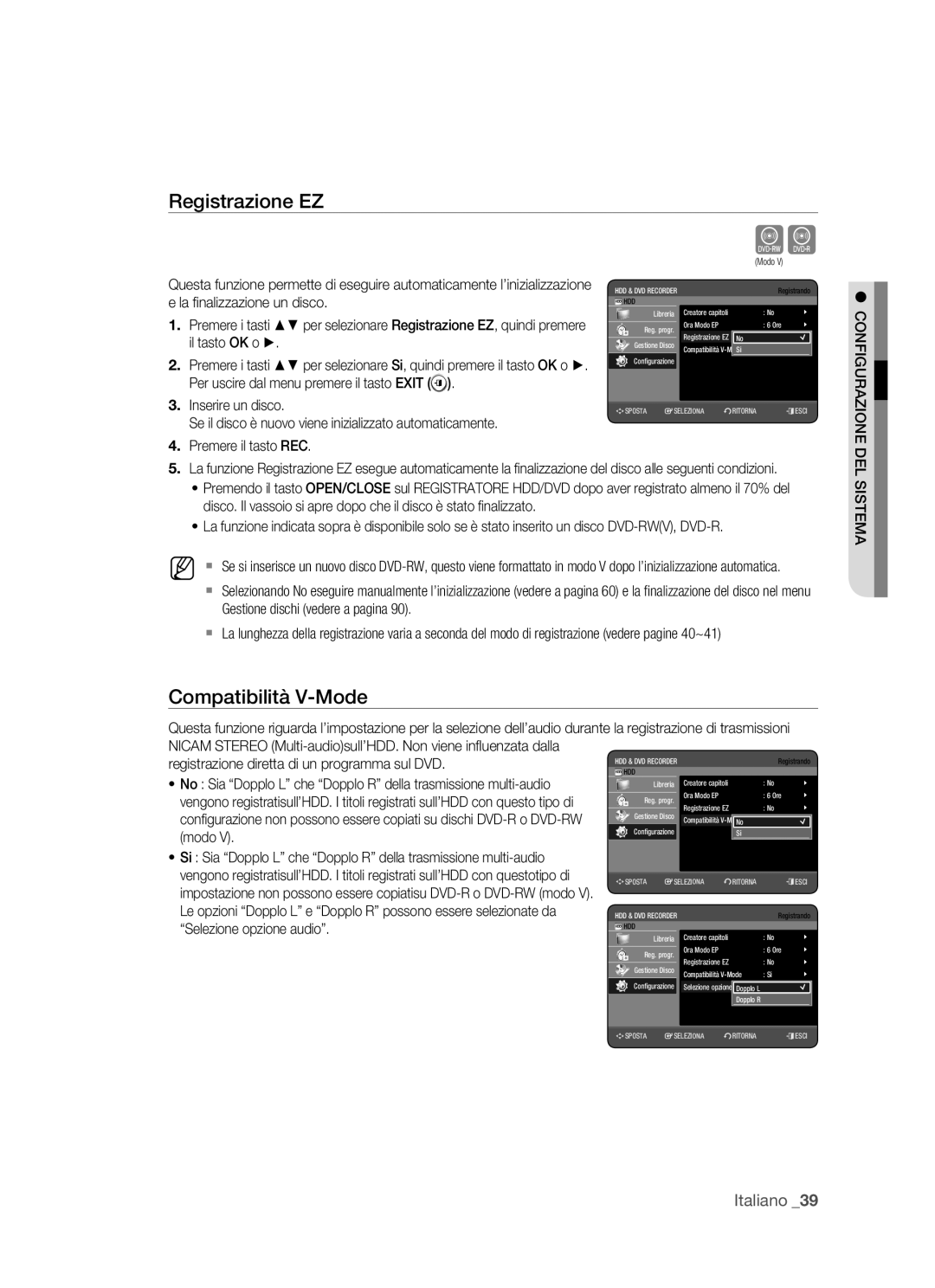 Samsung DVD-HR770/XET manual Registrazione EZ, Compatibilità V-Mode, La ﬁnalizzazione un disco 