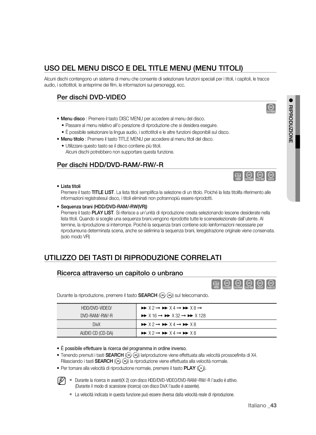 Samsung DVD-HR770/XET manual USO DEL Menu Disco E DEL Title Menu Menu Titoli, Utilizzo DEI Tasti DI Riproduzione Correlati 