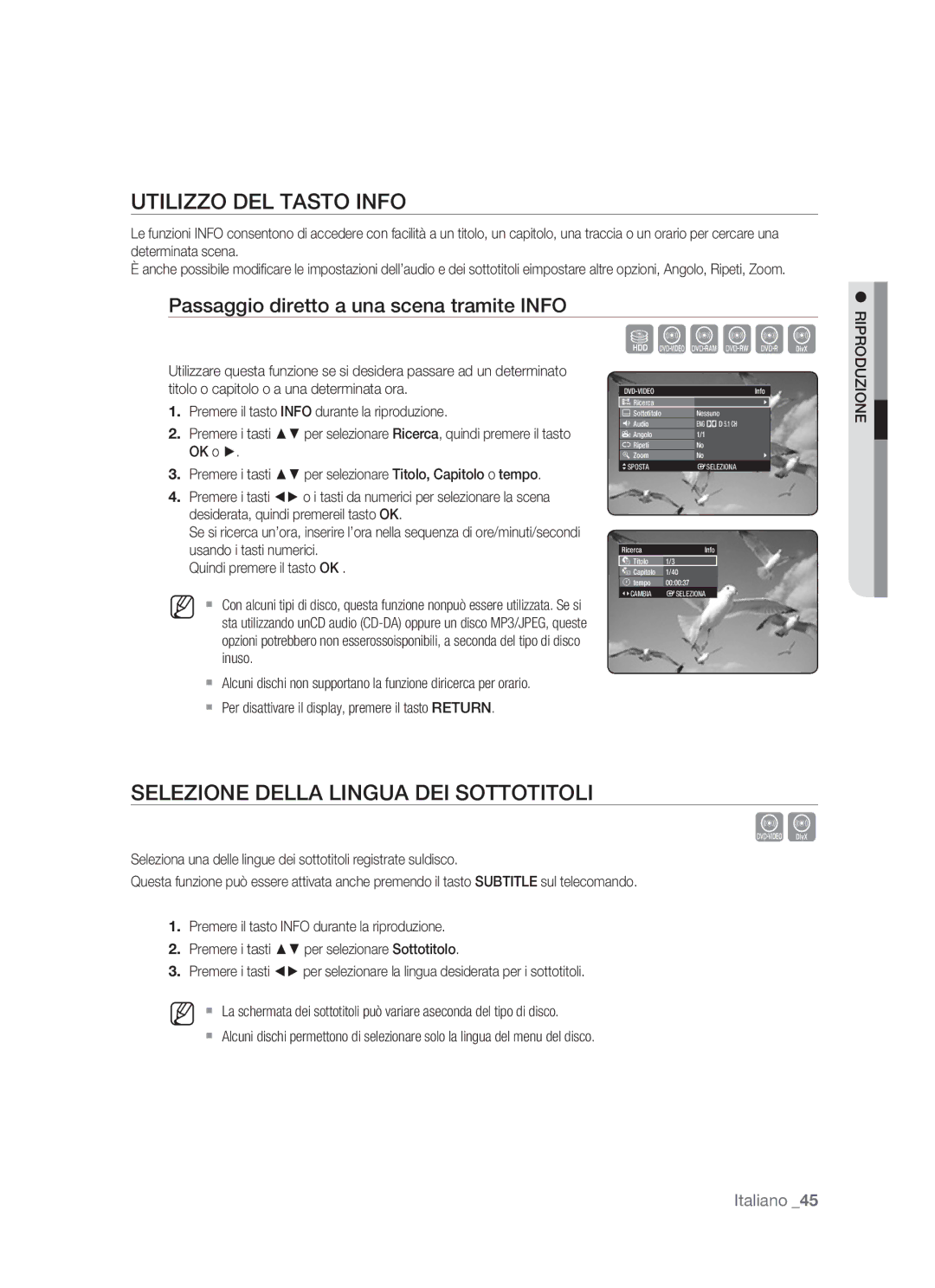 Samsung DVD-HR770/XET manual Utilizzo DEL Tasto Info, Selezione Della Lingua DEI Sottotitoli 