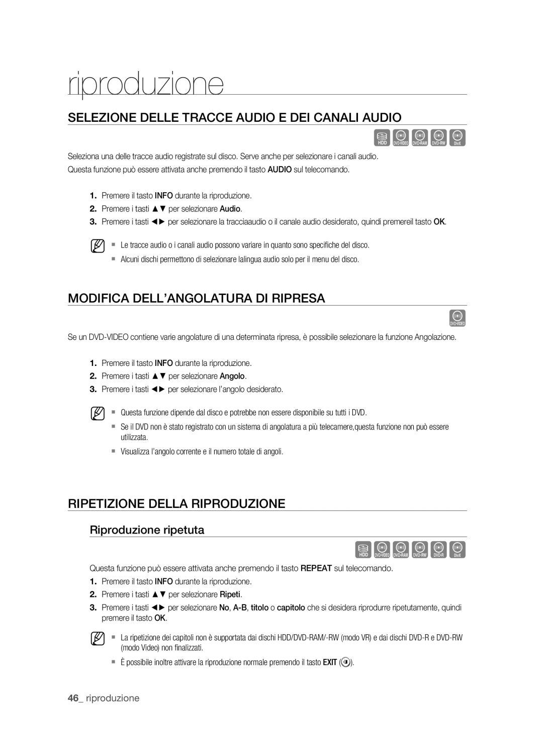 Samsung DVD-HR770/XET manual Selezione Delle Tracce Audio E DEI Canali Audio, Modifica DELL’ANGOLATURA DI Ripresa 