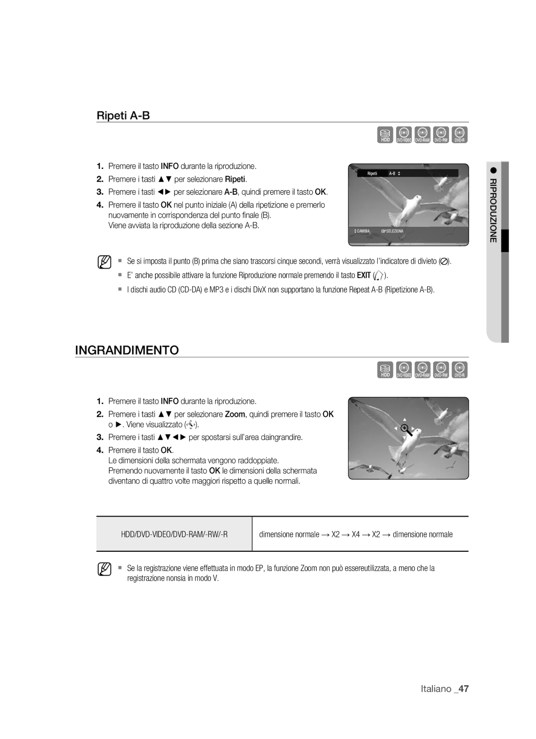 Samsung DVD-HR770/XET manual Ingrandimento, Ripeti A-B, Viene avviata la riproduzione della sezione A-B 