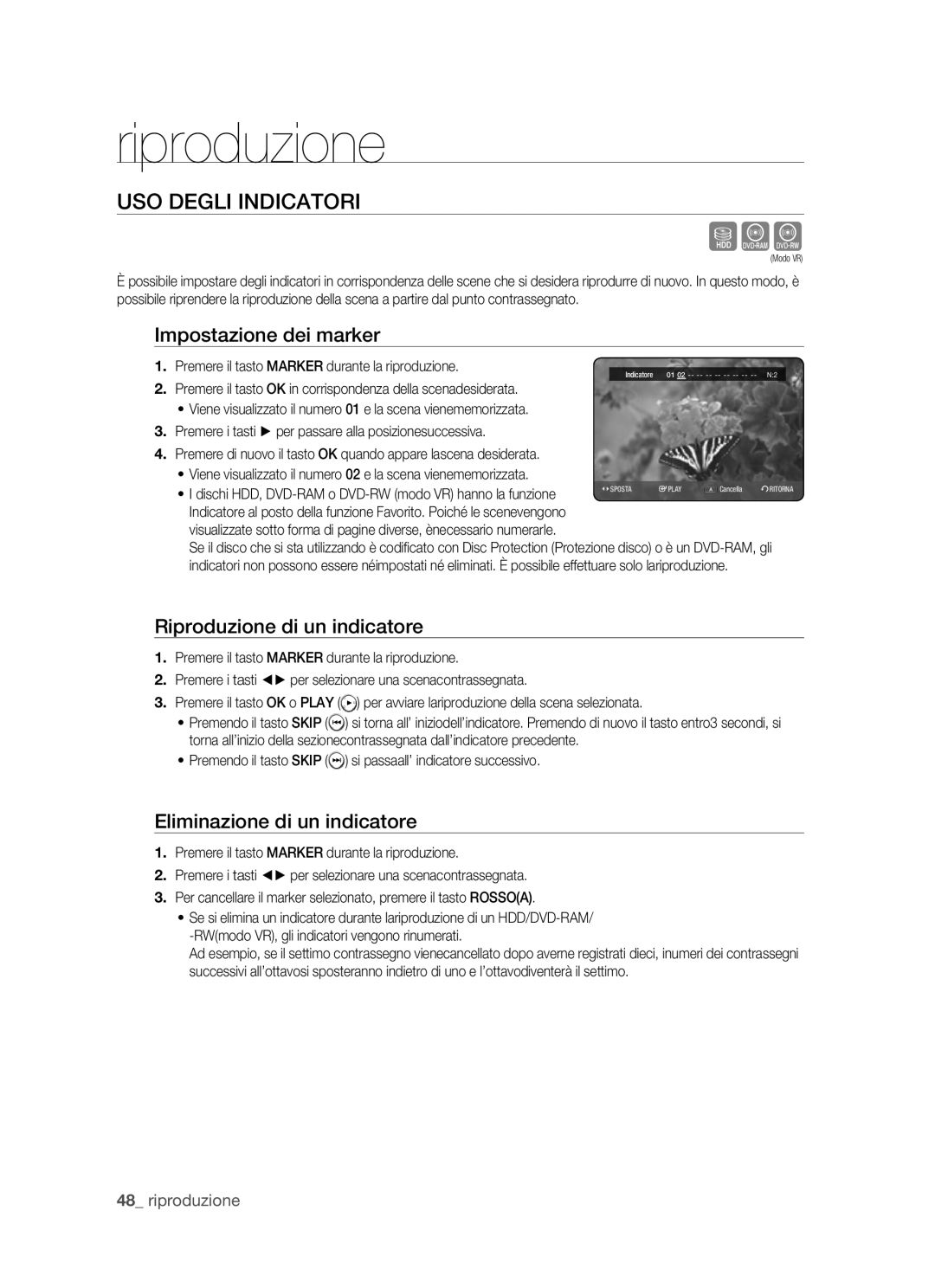 Samsung DVD-HR770/XET manual USO Degli Indicatori, Impostazione dei marker, Riproduzione di un indicatore 