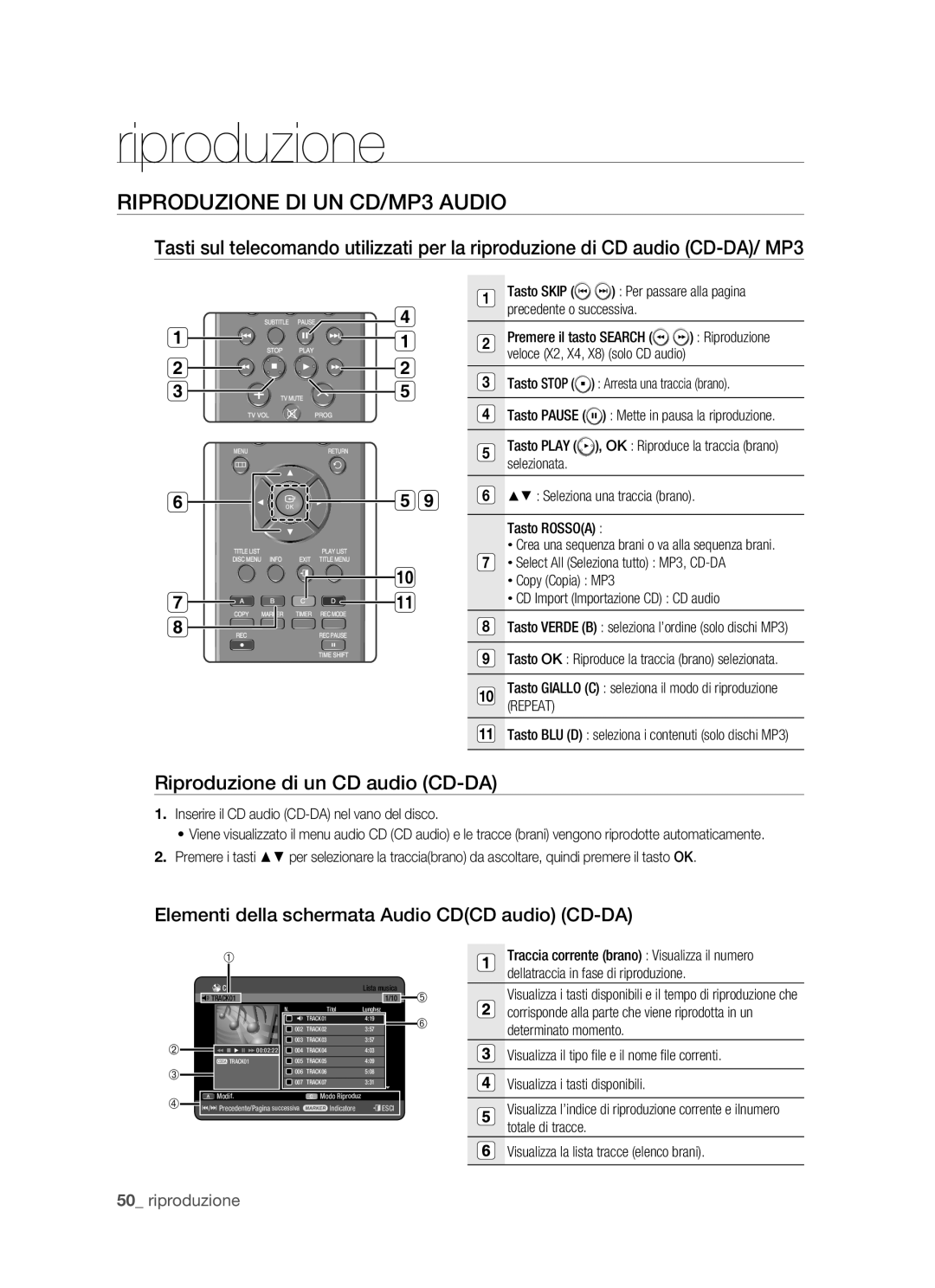 Samsung DVD-HR770/XET manual Riproduzione DI UN CD/MP3 Audio, Riproduzione di un CD audio CD-DA 