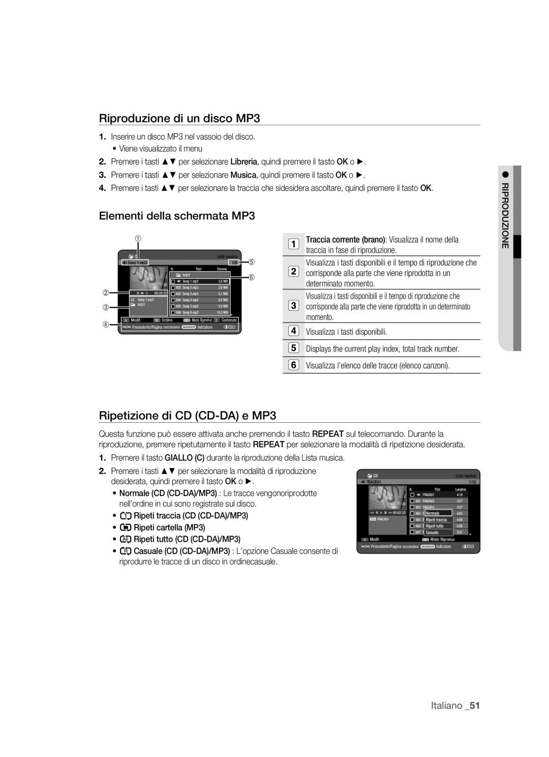 Samsung DVD-HR770/XET manual Riproduzione di un disco MP3, Elementi della schermata MP3, Ripetizione di CD CD-DA e MP3 