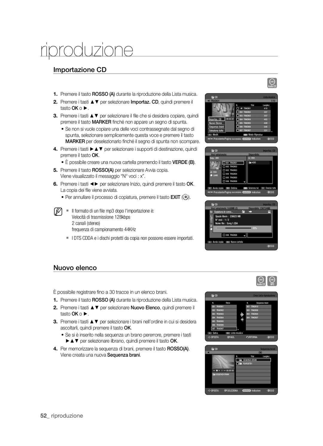 Samsung DVD-HR770/XET manual Importazione CD, Nuovo elenco, Canali stereo Frequenza di campionamento 44KHz 