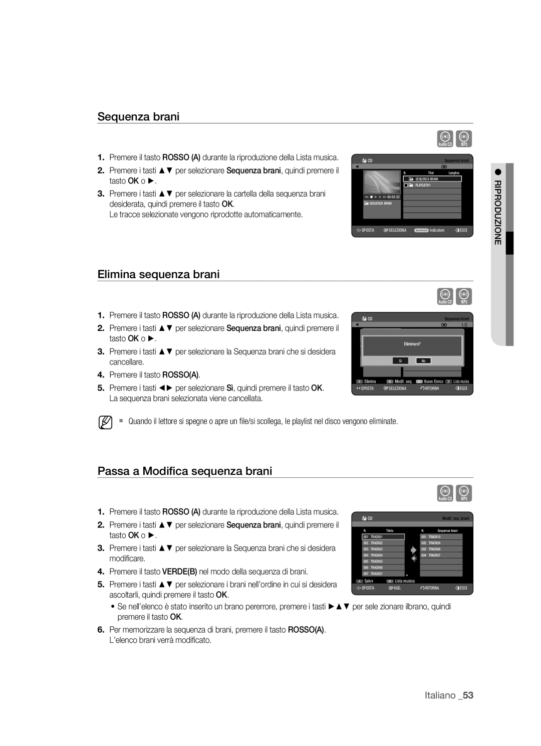 Samsung DVD-HR770/XET manual Sequenza brani, Elimina sequenza brani, Passa a Modiﬁca sequenza brani 