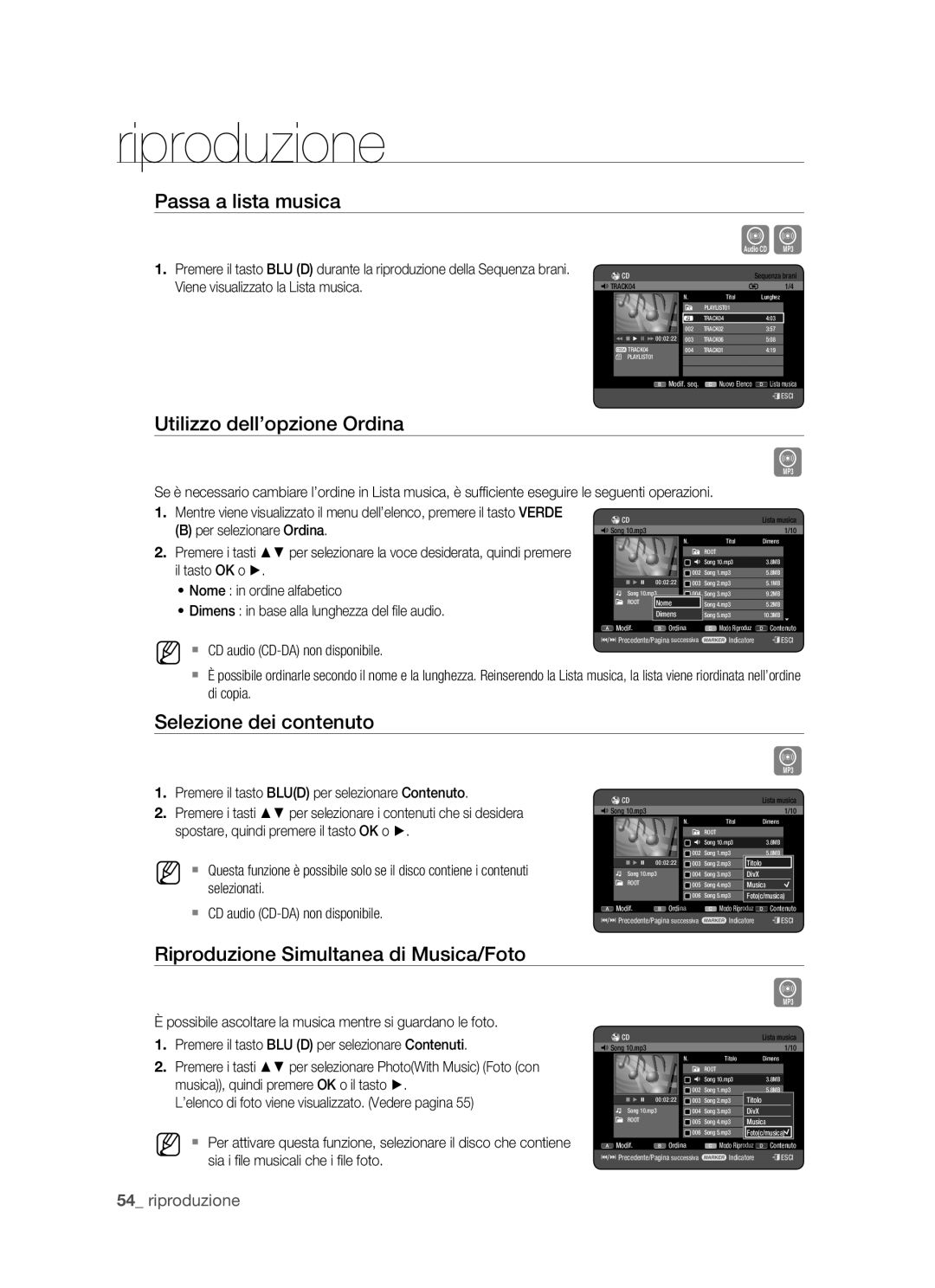 Samsung DVD-HR770/XET manual Passa a lista musica, Utilizzo dell’opzione Ordina, Selezione dei contenuto 