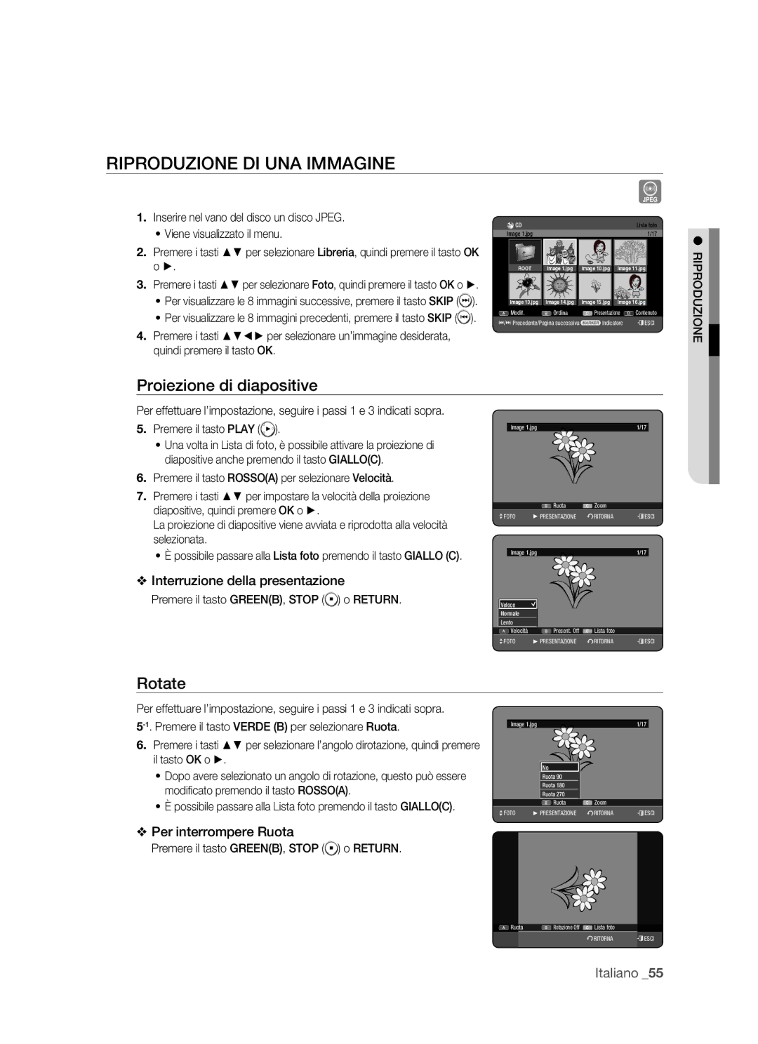 Samsung DVD-HR770/XET manual Riproduzione DI UNA Immagine, Proiezione di diapositive, Rotate 