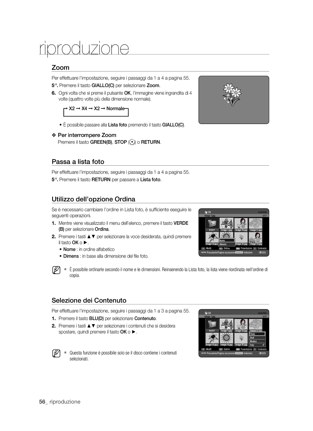 Samsung DVD-HR770/XET manual Zoom, Passa a lista foto, Dimens in base alla dimensione del ﬁle foto 