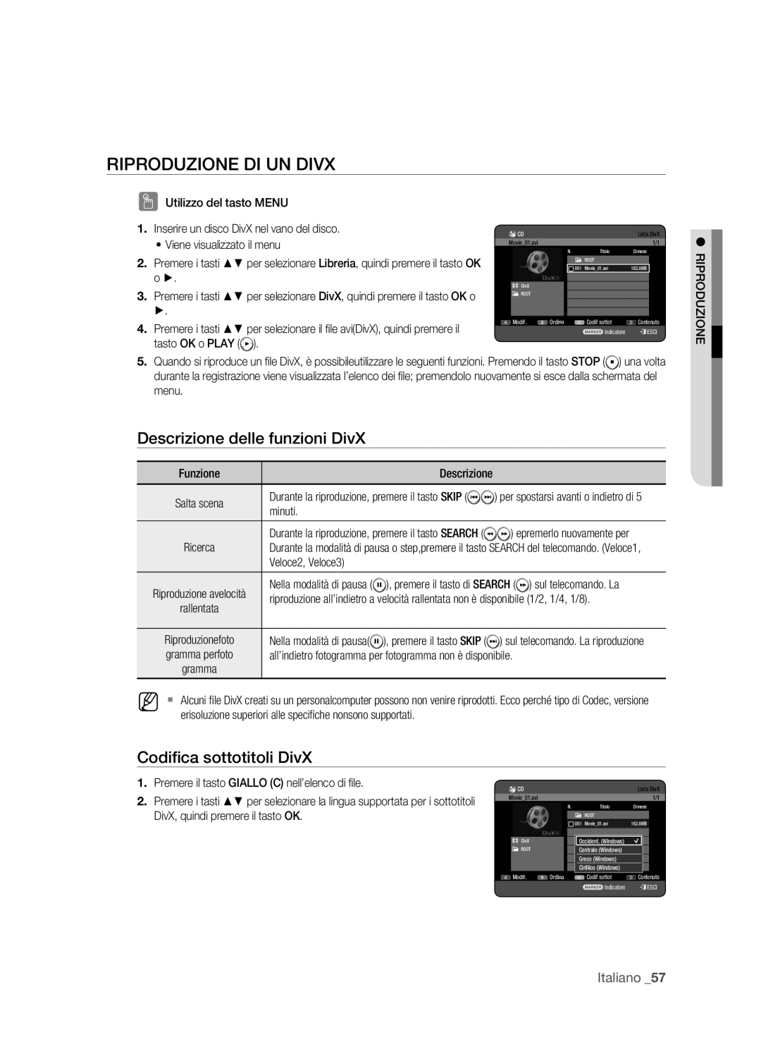 Samsung DVD-HR770/XET manual Riproduzione DI UN Divx, Descrizione delle funzioni DivX, Codiﬁca sottotitoli DivX 