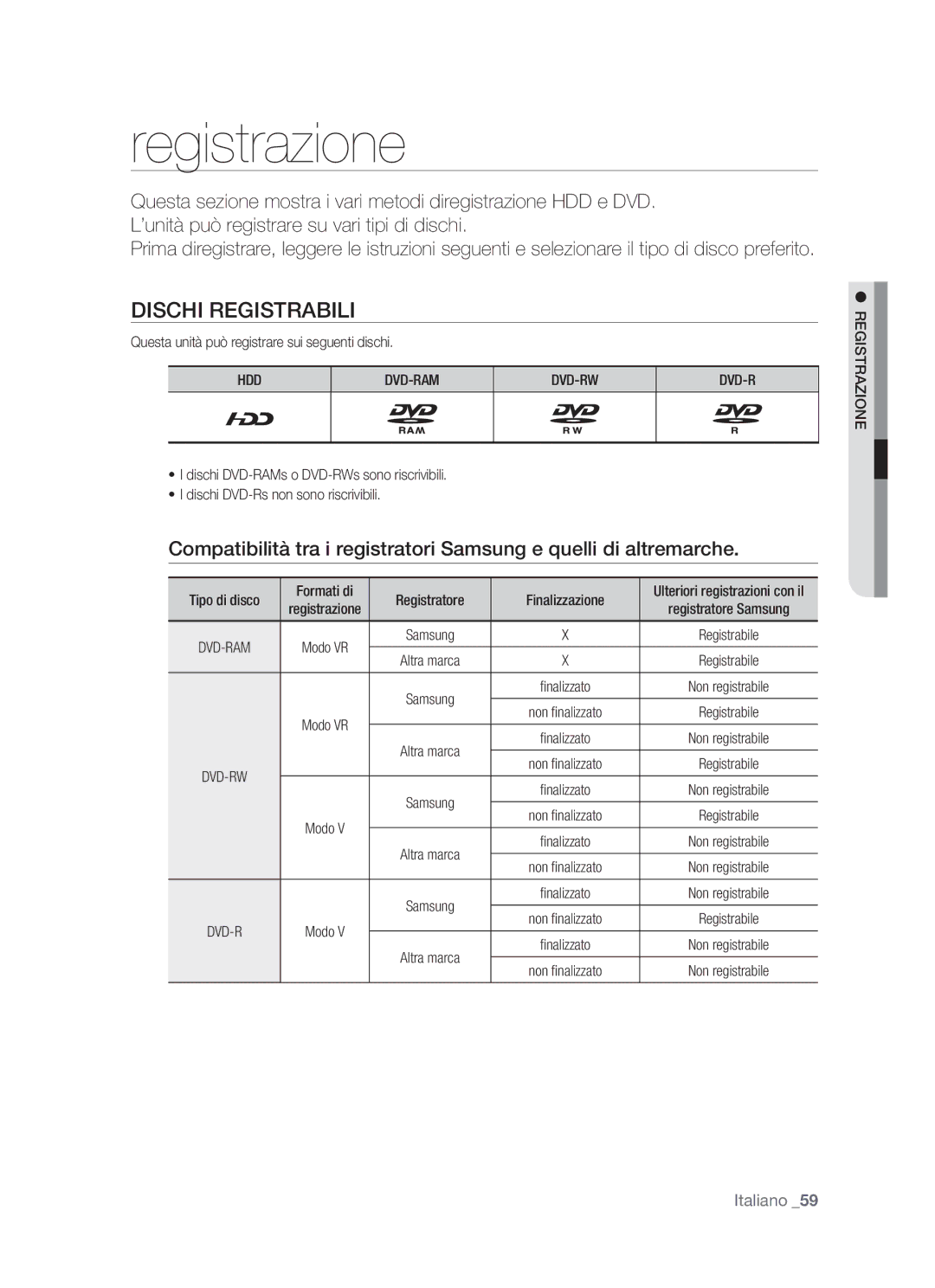 Samsung DVD-HR770/XET manual Registrazione, Dischi Registrabili, Hdd Dvd-Ram Dvd-Rw 