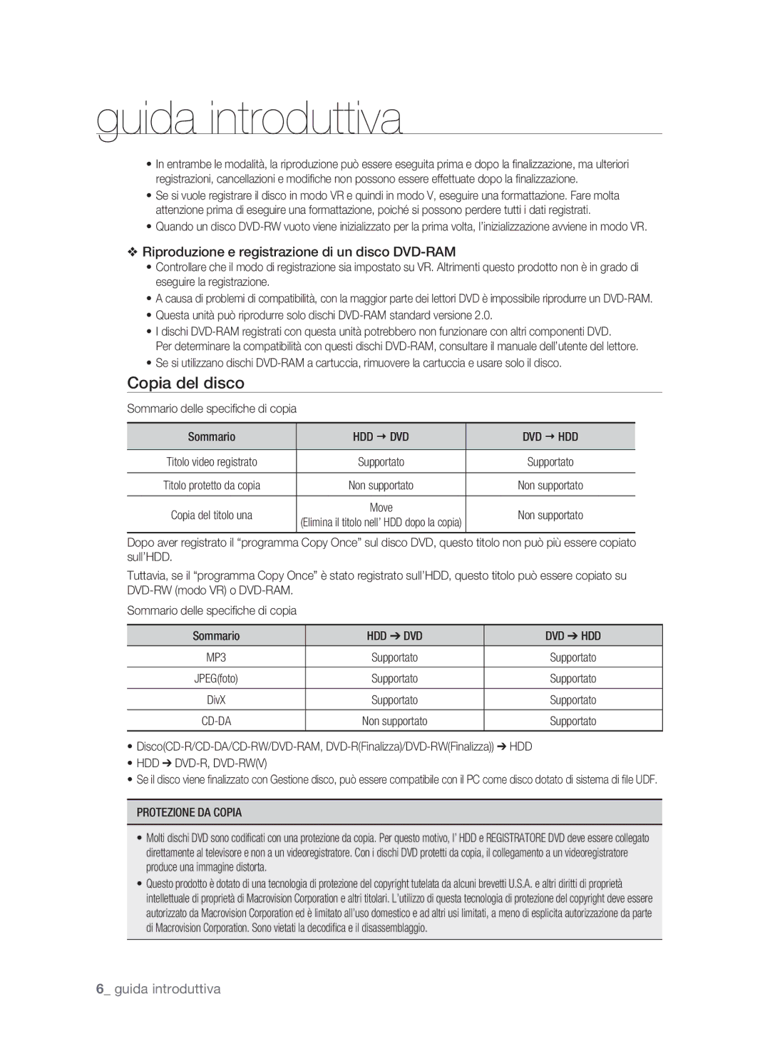 Samsung DVD-HR770/XET manual Copia del disco, Hdd € Dvd Dvd € Hdd, Hdd Dvd Dvd Hdd, Hdd Dvd-R, Dvd-Rwv, Protezione DA Copia 