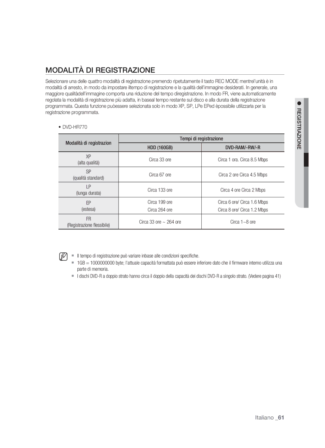 Samsung DVD-HR770/XET manual Modalità DI Registrazione, Tempi di registrazione 