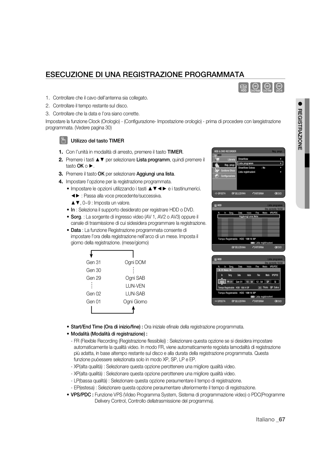 Samsung DVD-HR770/XET manual Esecuzione DI UNA Registrazione Programmata, ~9 Imposta un valore, Gen 