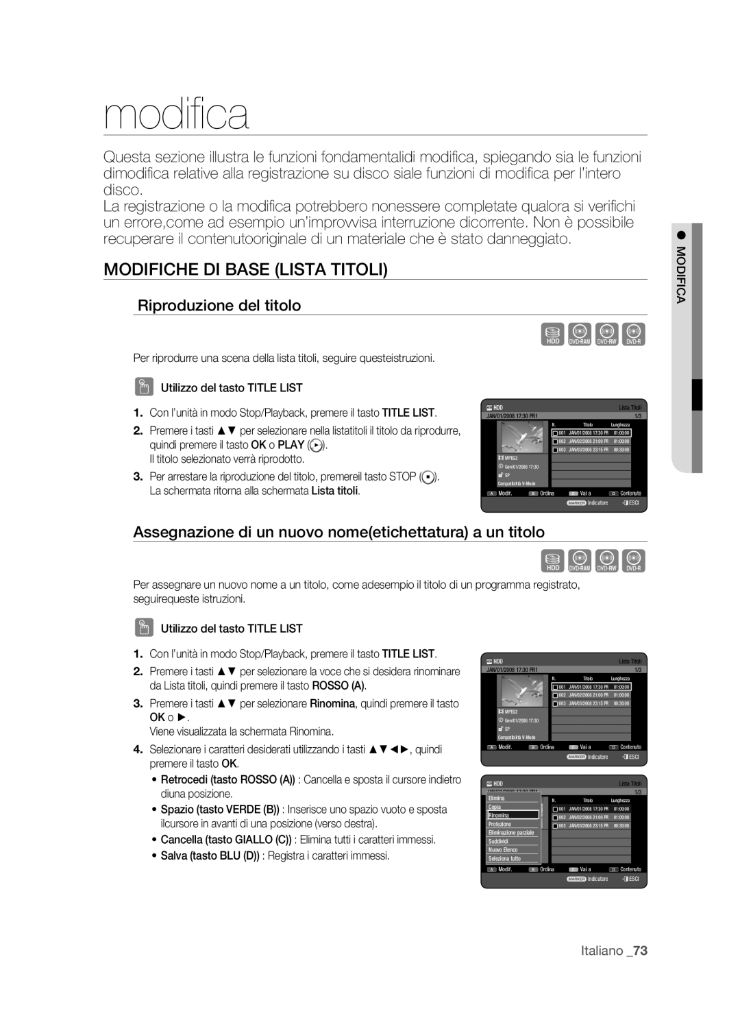 Samsung DVD-HR770/XET manual Modiﬁ ca, Modifiche DI Base Lista Titoli, Riproduzione del titolo, Modifica 