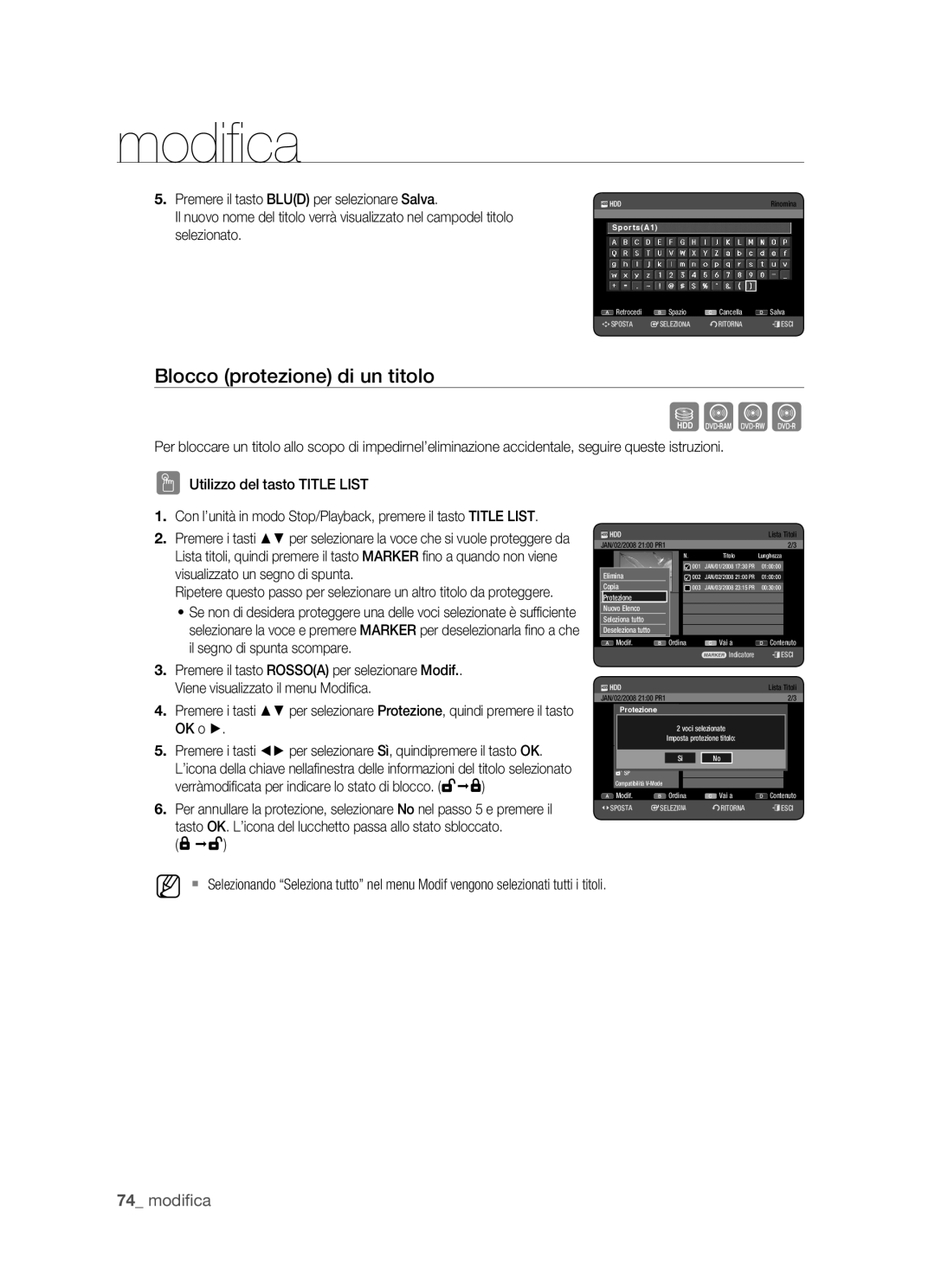 Samsung DVD-HR770/XET manual Blocco protezione di un titolo, Seleziona1 SP tutto 