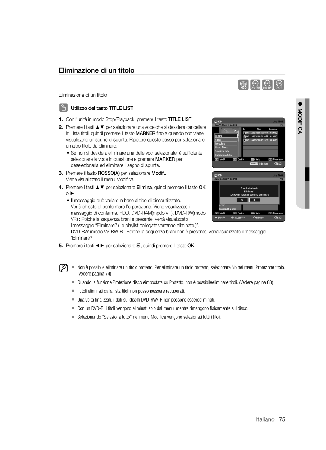 Samsung DVD-HR770/XET manual Eliminazione di un titolo 