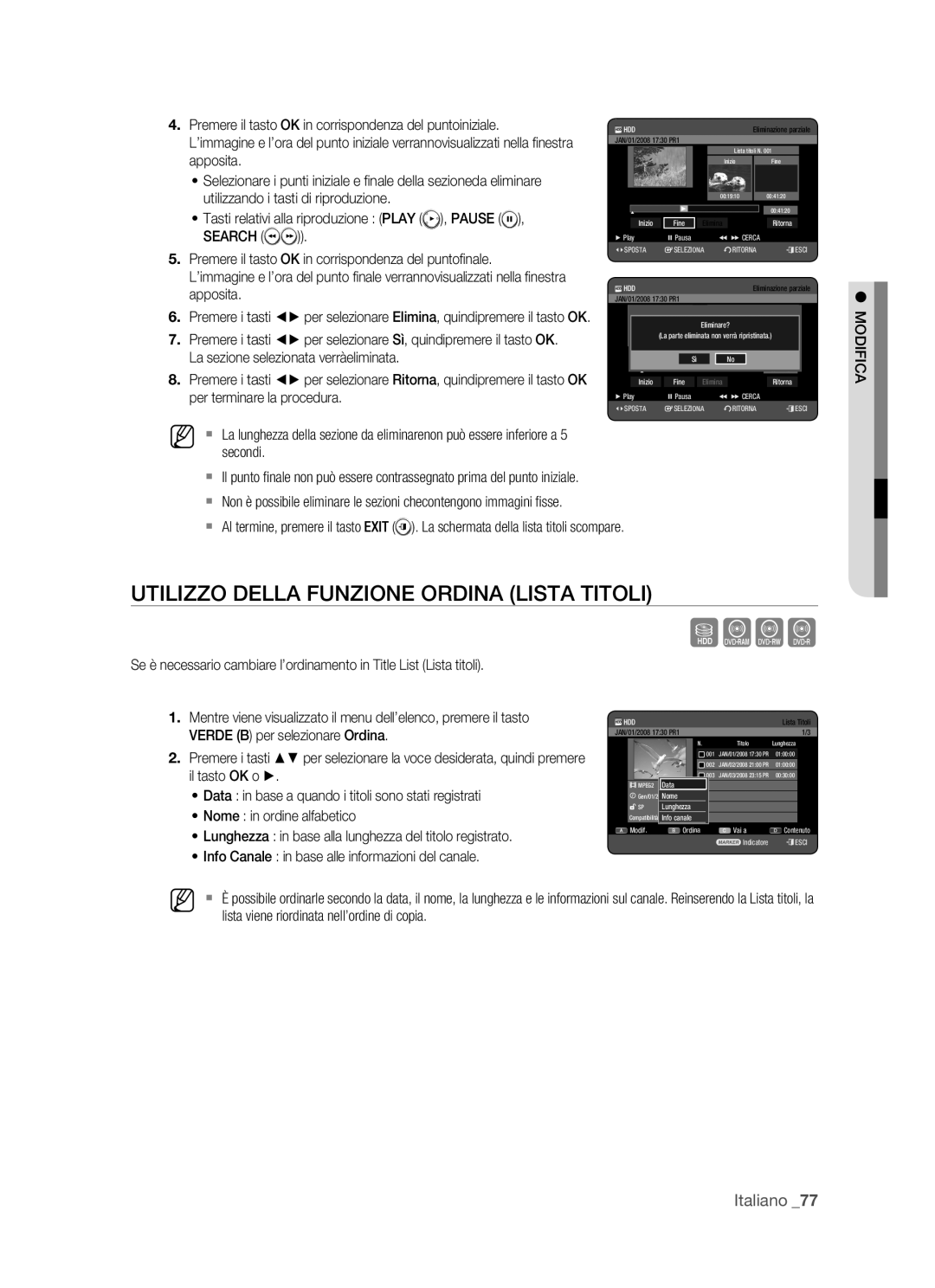 Samsung DVD-HR770/XET manual Utilizzo Della Funzione Ordina Lista Titoli, Verde B per selezionare Ordina 