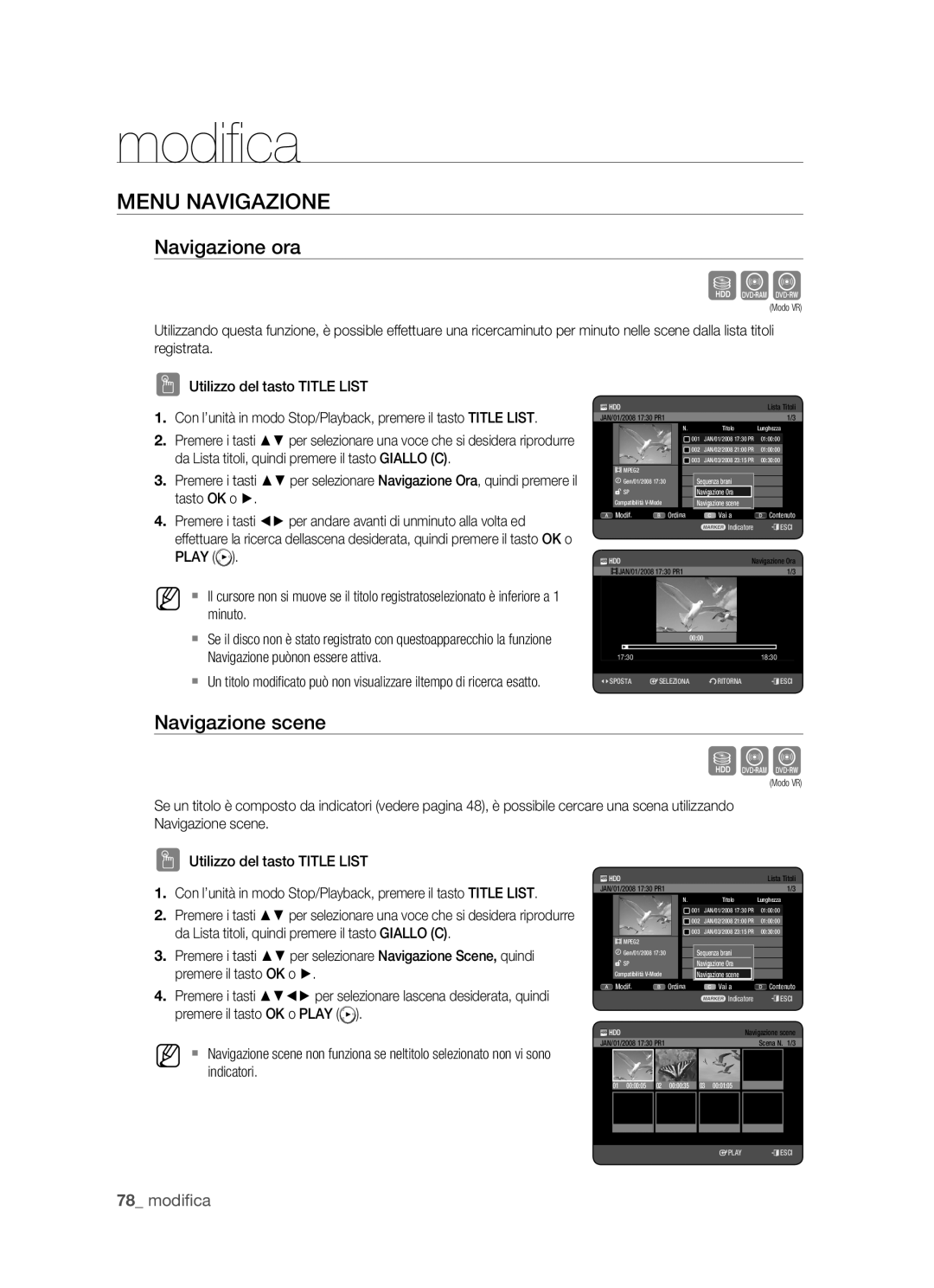 Samsung DVD-HR770/XET manual Menu Navigazione, Navigazione ora, Navigazione scene 